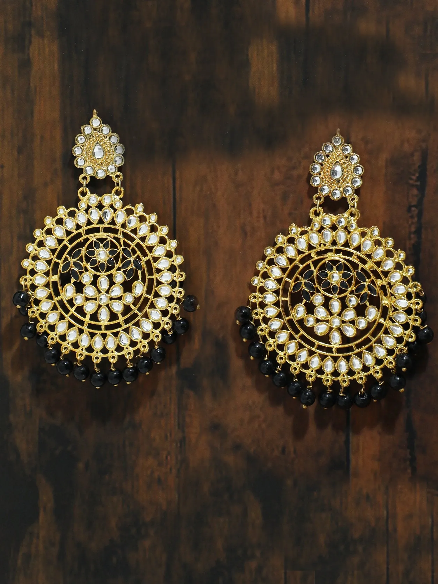 Gold Plated Black Beads Drop Kundan Earrings for Women