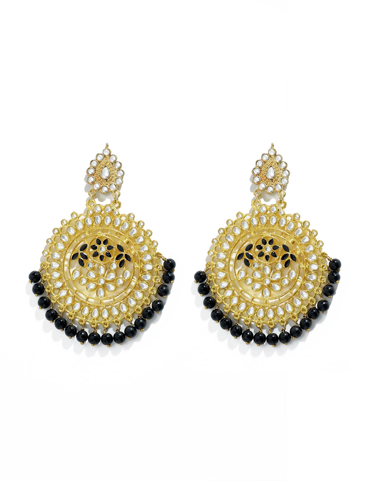 Gold Plated Black Beads Drop Kundan Earrings for Women