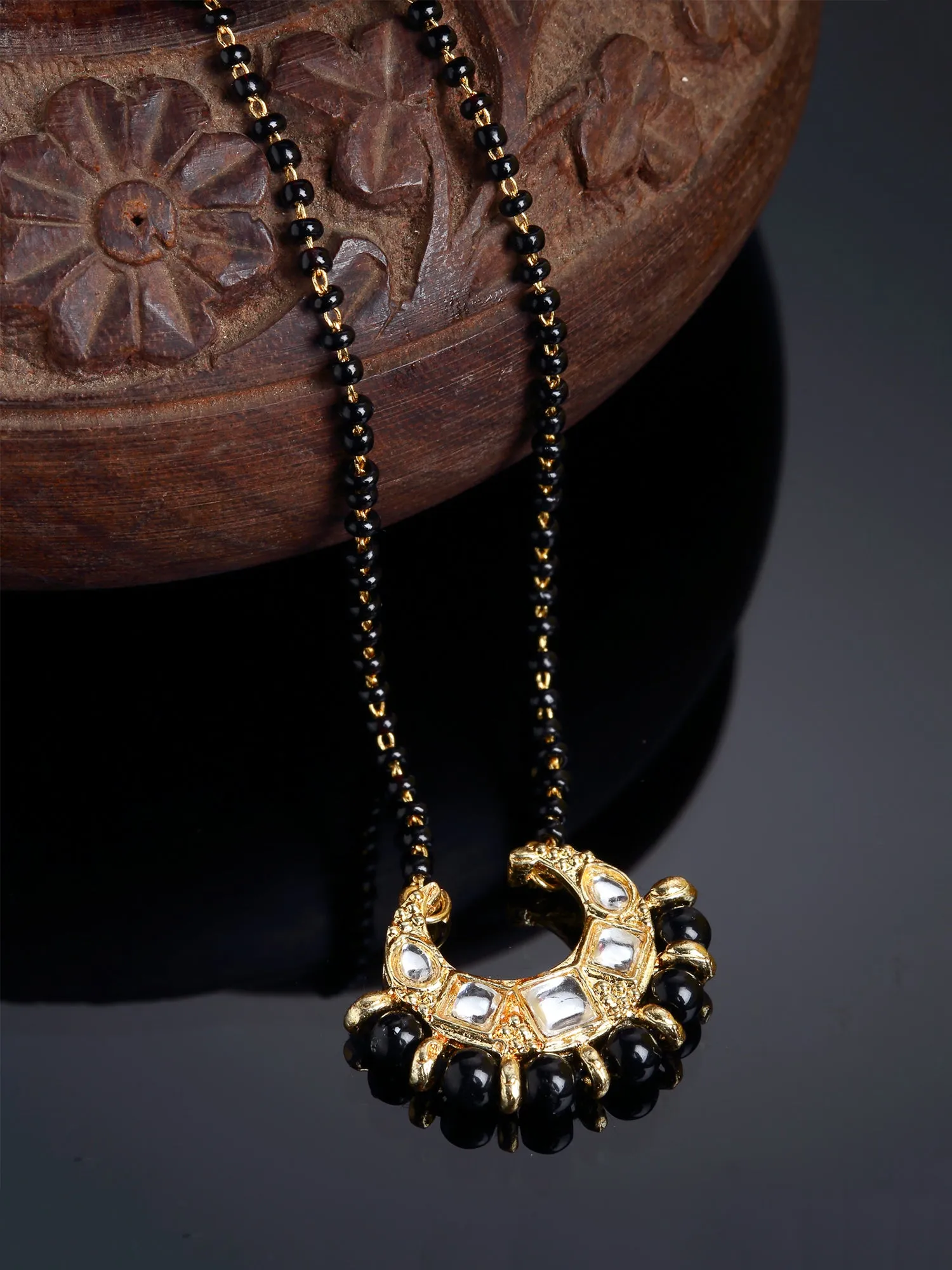 Gold Plated Black Beads Studded Kundan Mangalsutra