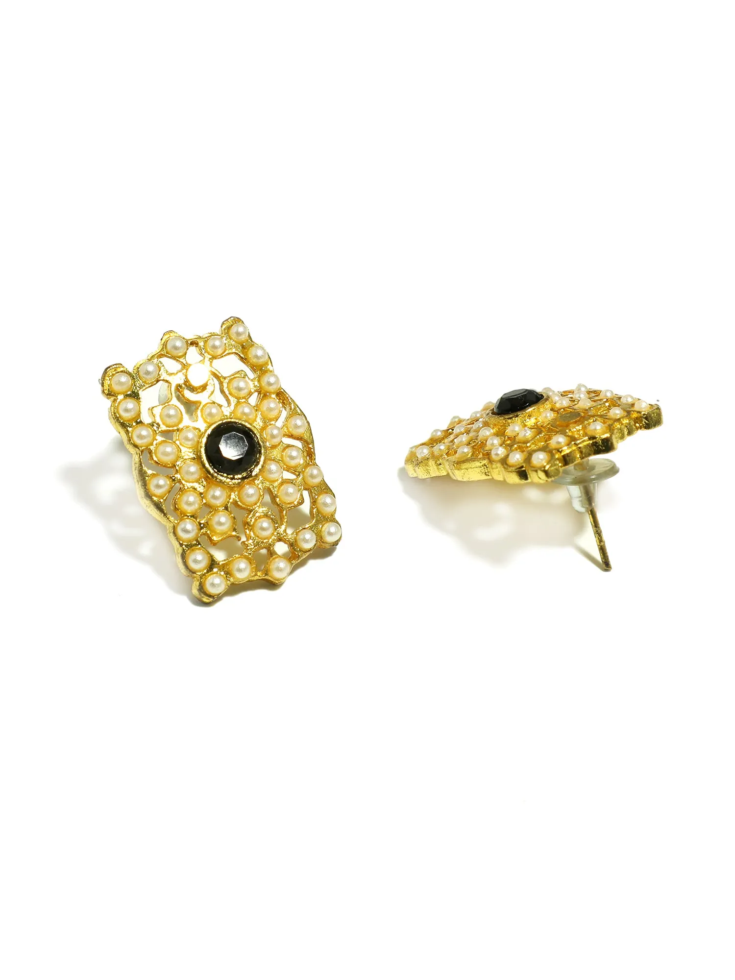 Gold Plated Black Kundan Stud Earrings for Women