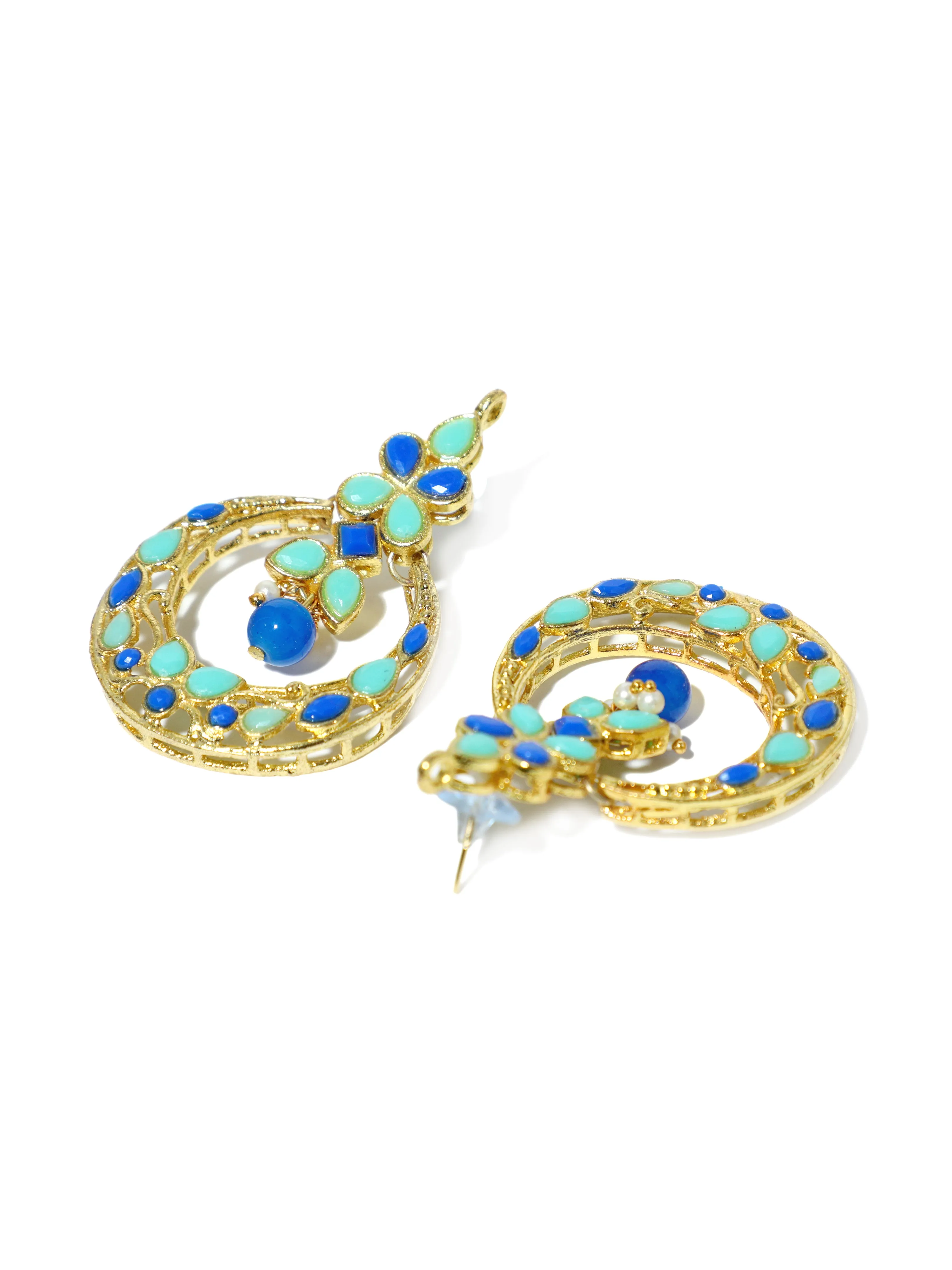 Gold Plated Blue and Mint Green Kundan Chnadbali Earrings