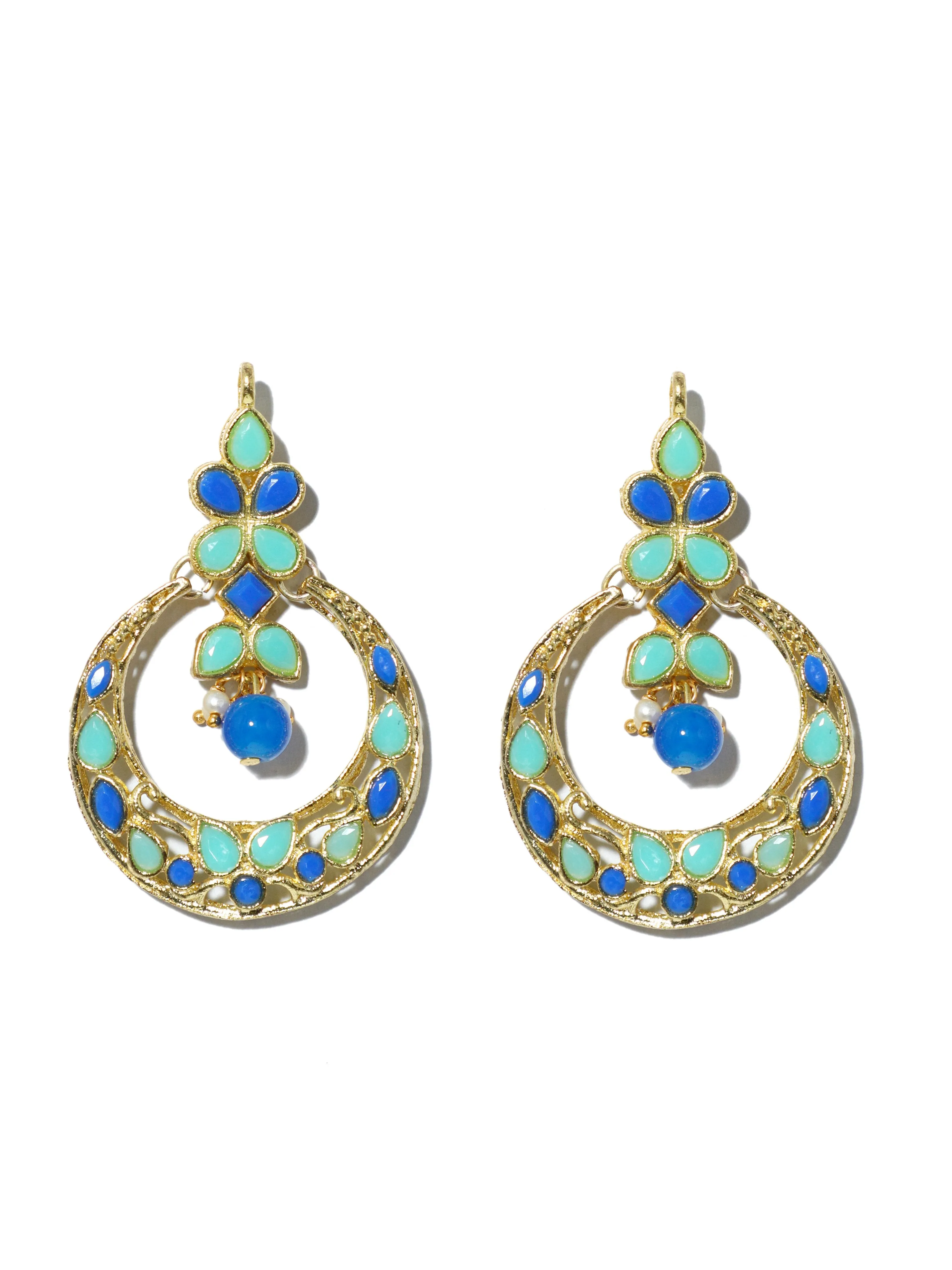 Gold Plated Blue and Mint Green Kundan Chnadbali Earrings