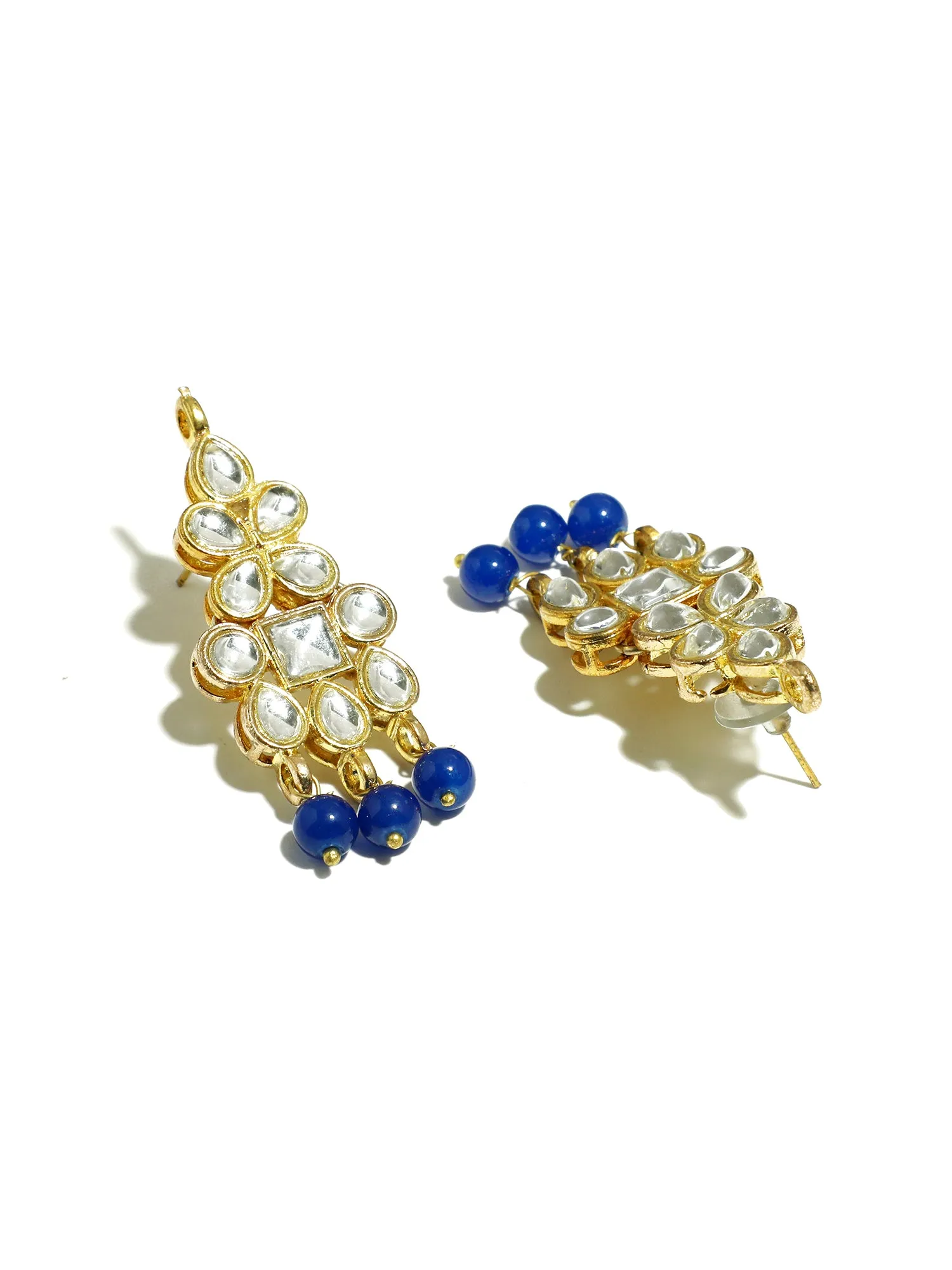 Gold Plated Blue Beads Kundan Dangler Earrings with Maangtikka for Women