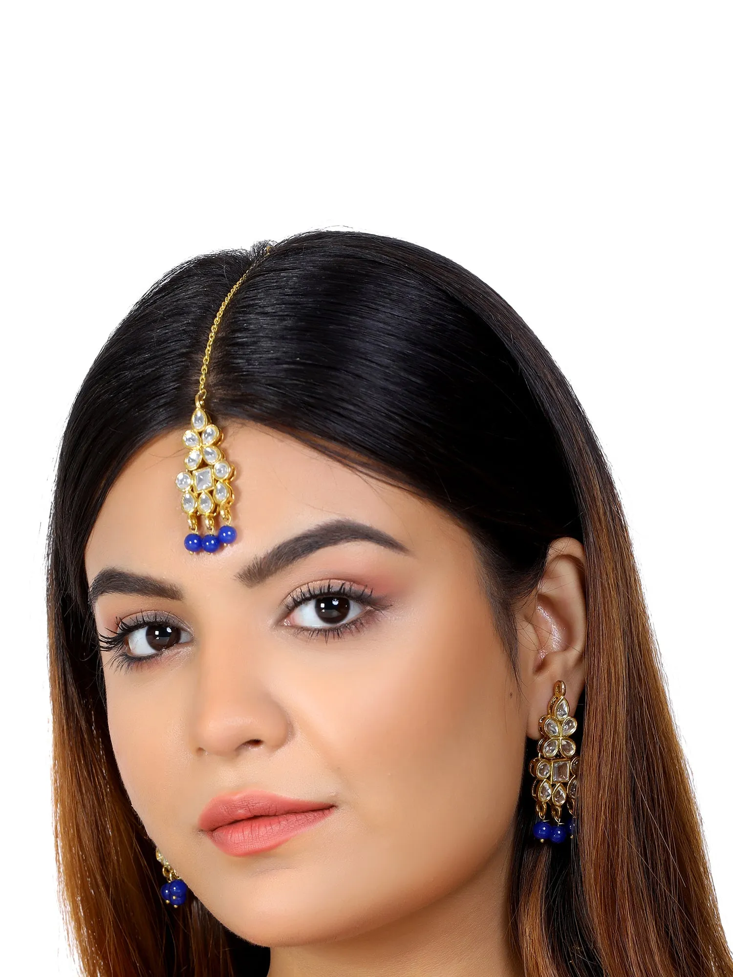 Gold Plated Blue Beads Kundan Dangler Earrings with Maangtikka for Women