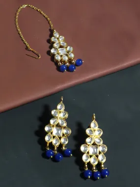 Gold Plated Blue Beads Kundan Dangler Earrings with Maangtikka for Women