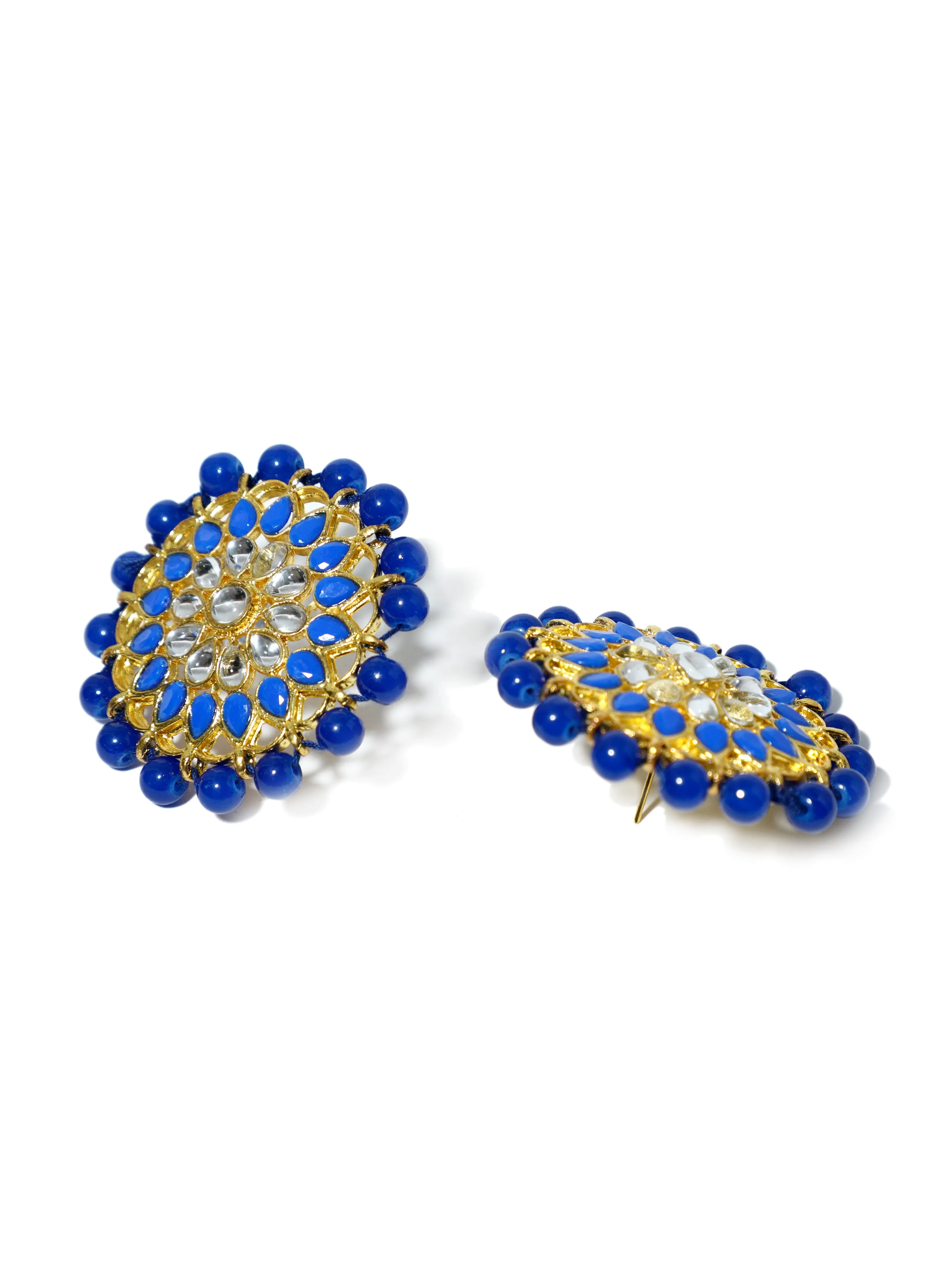 Gold Plated Blue Beads Kundan Stud Earrings