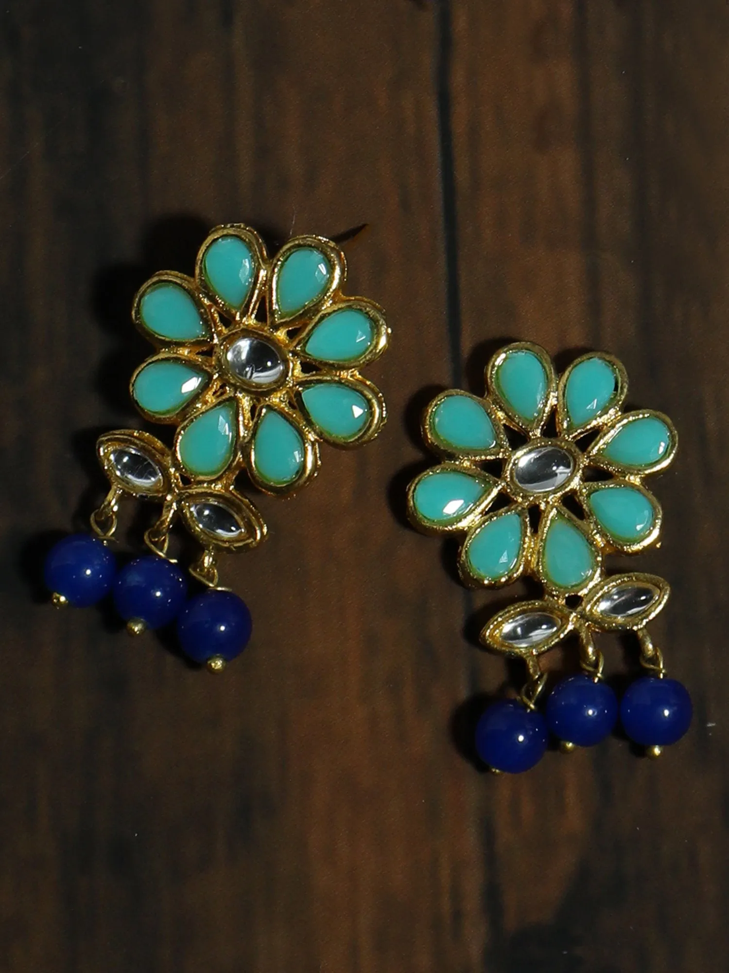 Gold Plated Blue Beads Mint Blue Kundan Dangler Earrings for Women