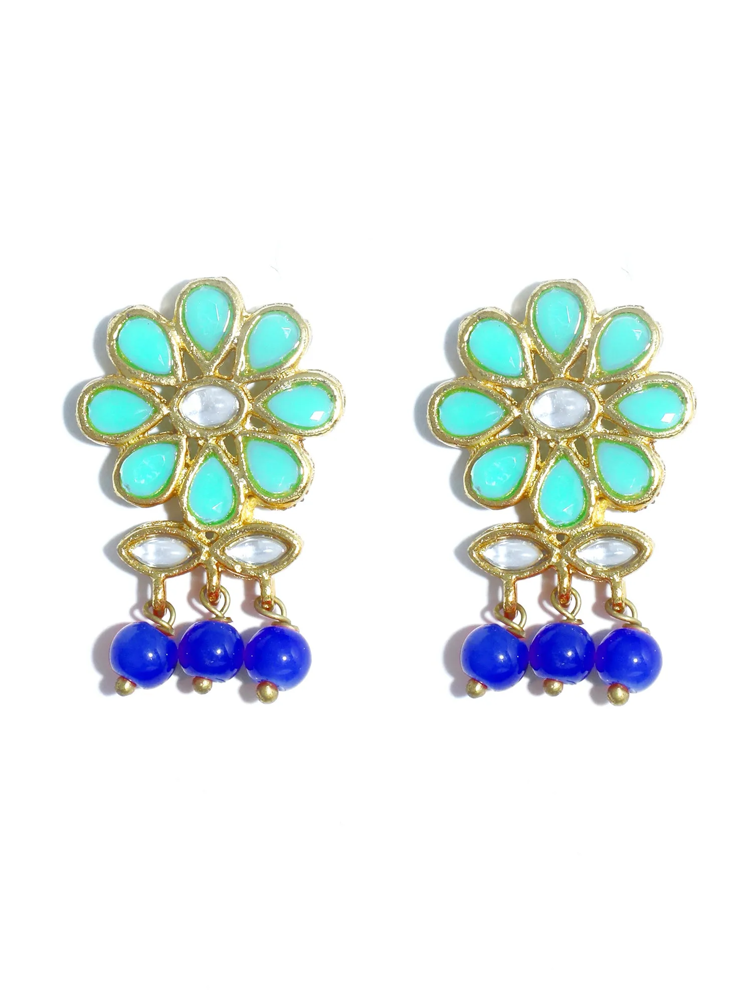 Gold Plated Blue Beads Mint Blue Kundan Dangler Earrings for Women