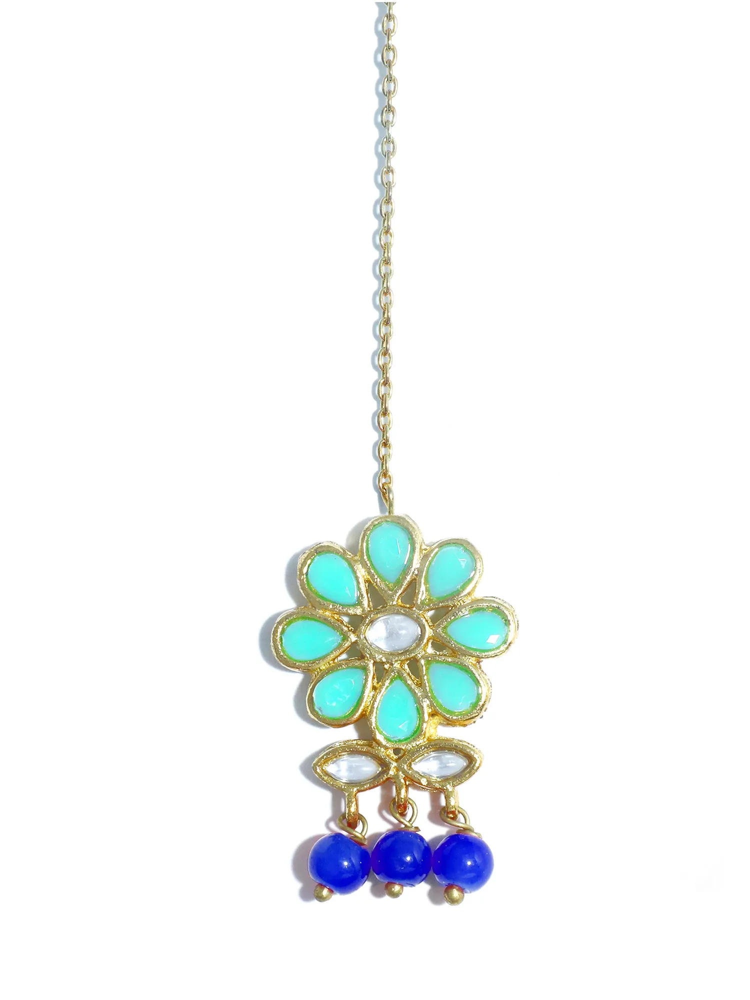 Gold Plated Blue Beads Mint Blue Kundan Dangler Earrings with Maangtikka for Women