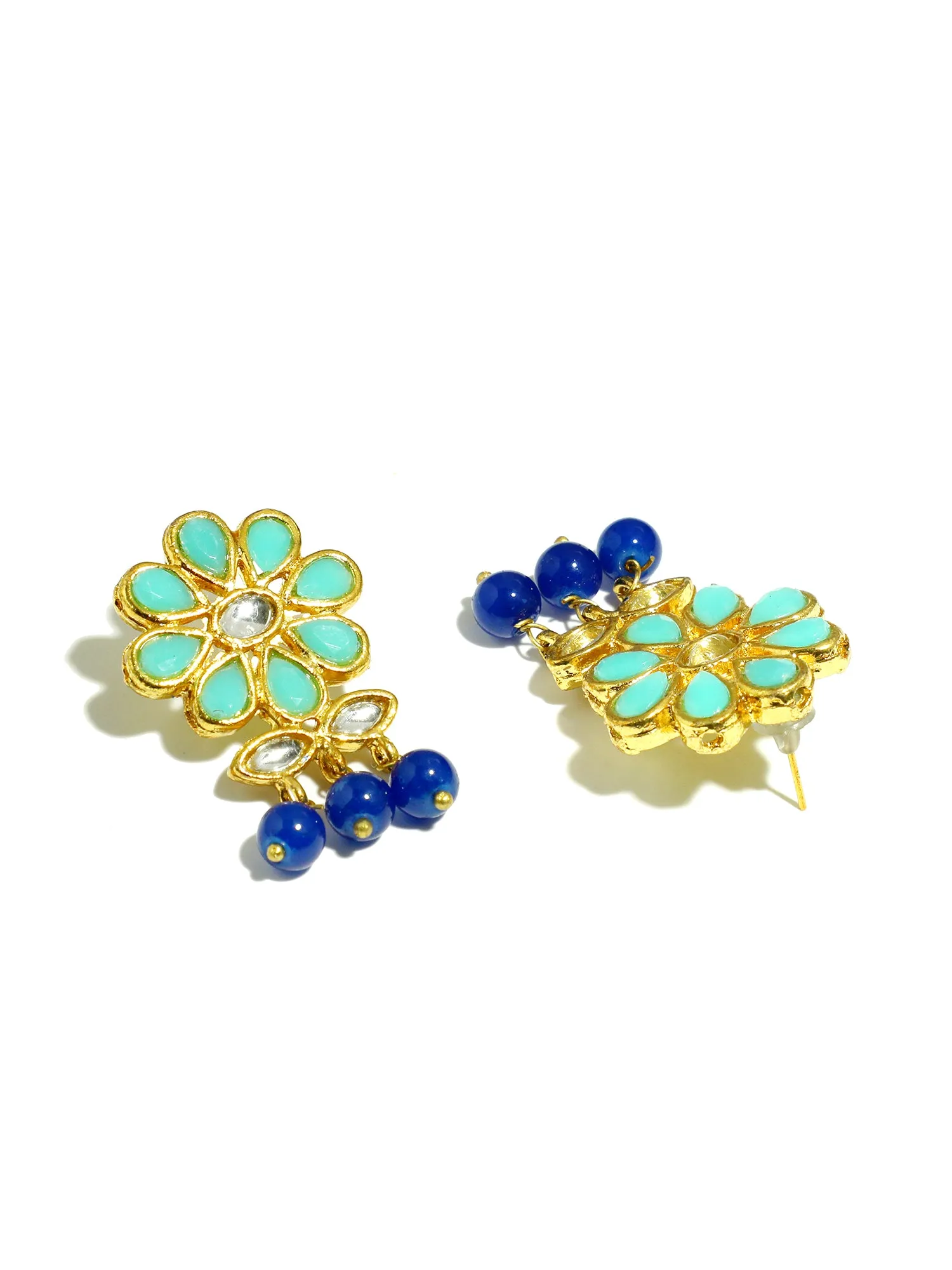 Gold Plated Blue Beads Mint Blue Kundan Dangler Earrings with Maangtikka for Women