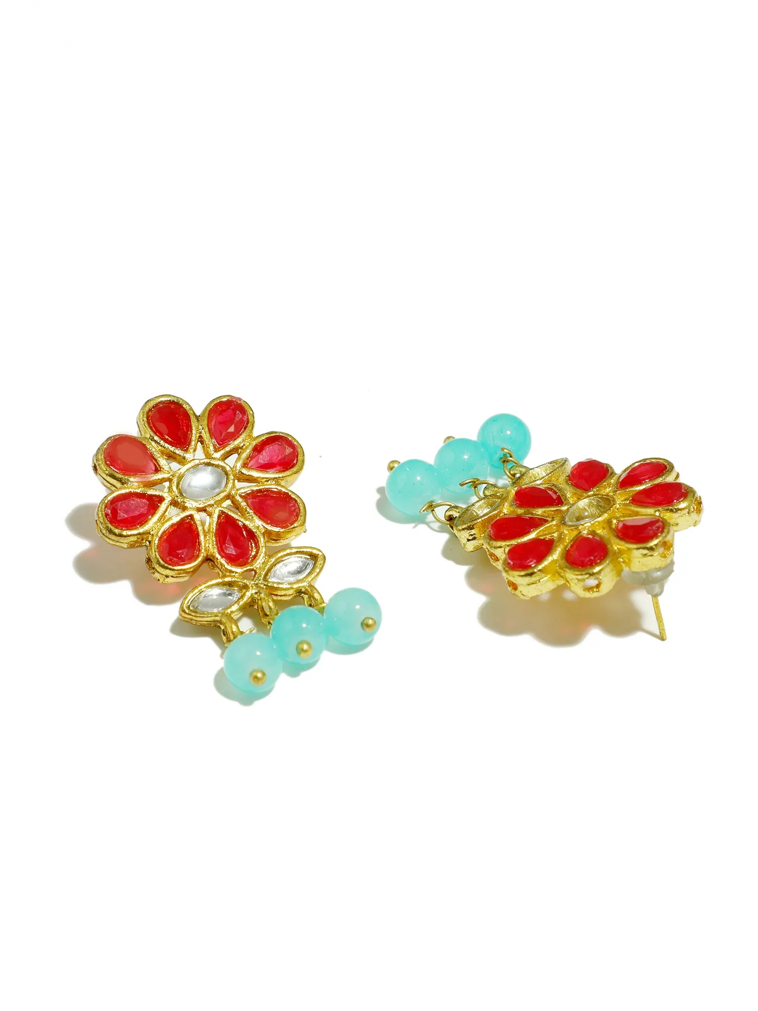 Gold Plated Blue Beads Red Kundan Dangler Earrings with Maangtikka for Women