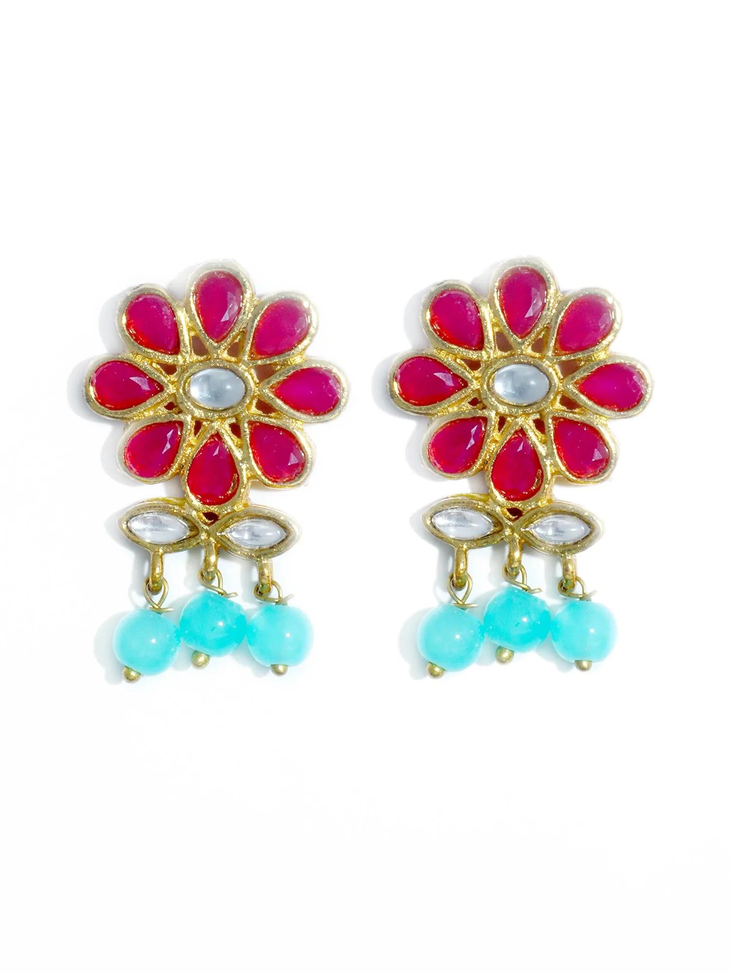 Gold Plated Blue Beads Red Kundan Dangler Earrings with Maangtikka for Women