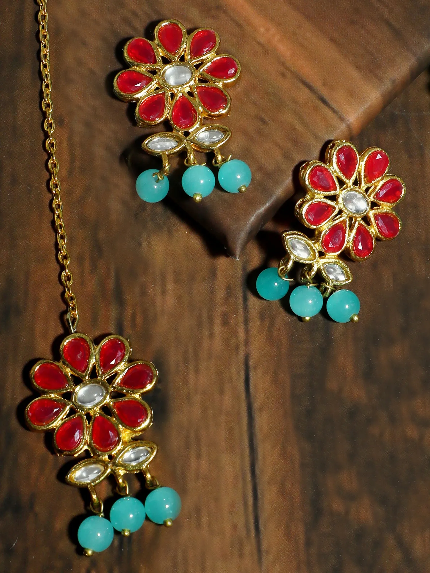 Gold Plated Blue Beads Red Kundan Dangler Earrings with Maangtikka for Women