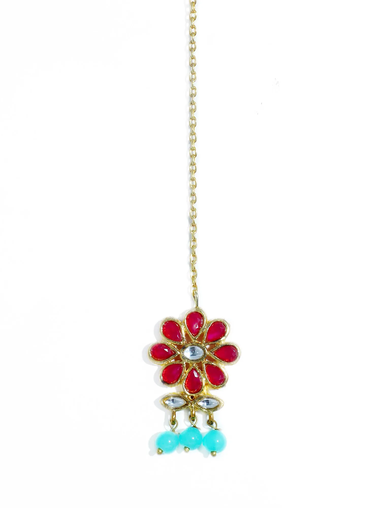 Gold Plated Blue Beads Red Kundan Dangler Earrings with Maangtikka for Women