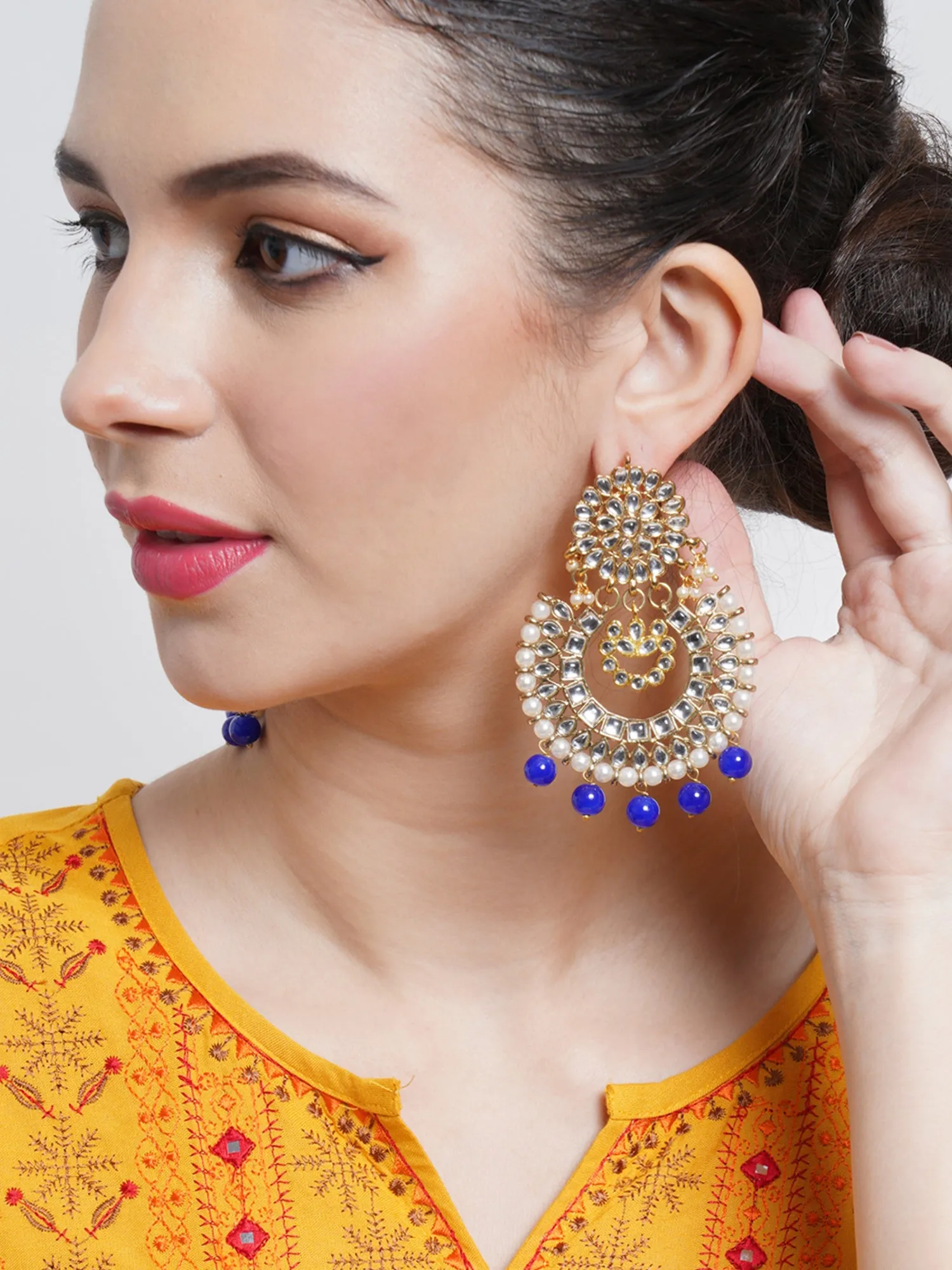 Gold Plated Blue Drop Kundan Chandbali Earrings