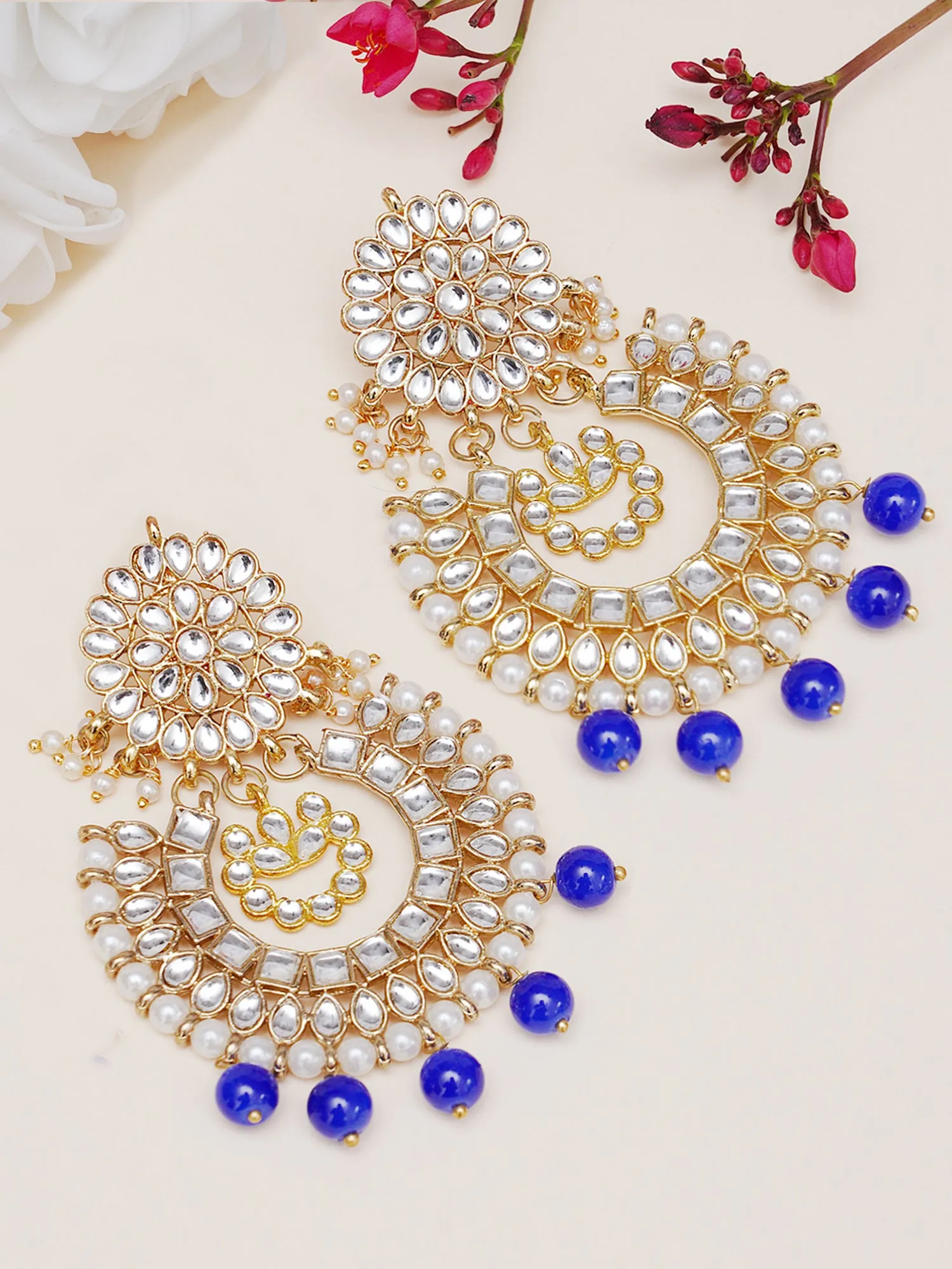 Gold Plated Blue Drop Kundan Chandbali Earrings