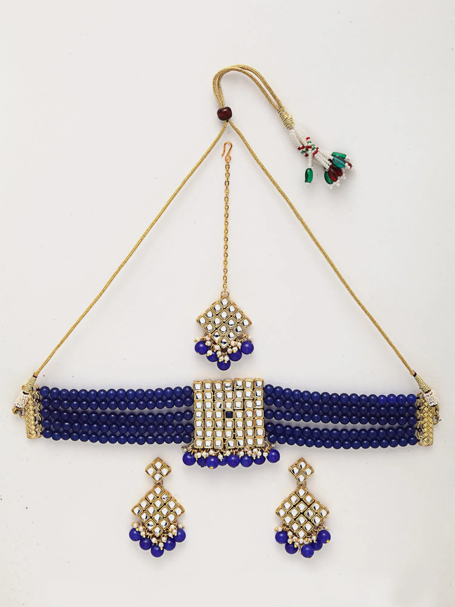 Gold-Plated Embellished Kundan and Blue Beads Handcrafted Choker Necklace Set