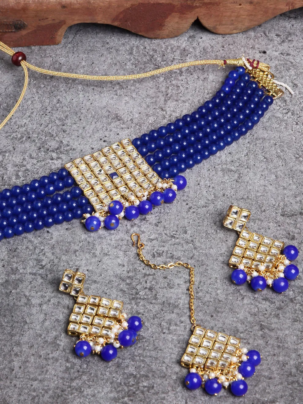 Gold-Plated Embellished Kundan and Blue Beads Handcrafted Choker Necklace Set