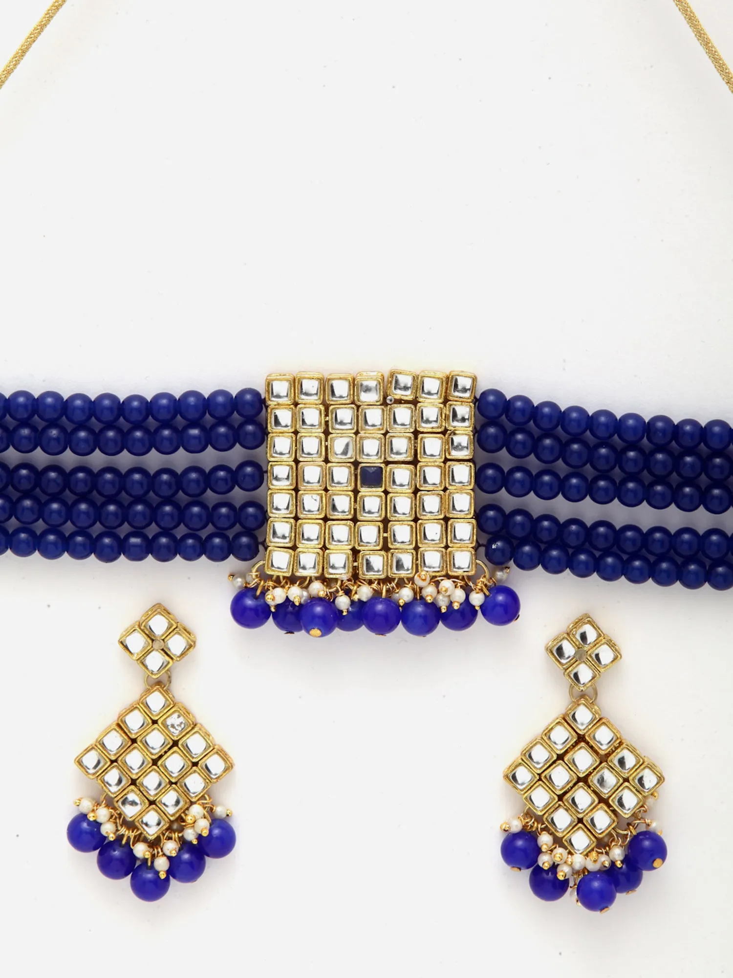 Gold-Plated Embellished Kundan and Blue Beads Handcrafted Choker Necklace Set