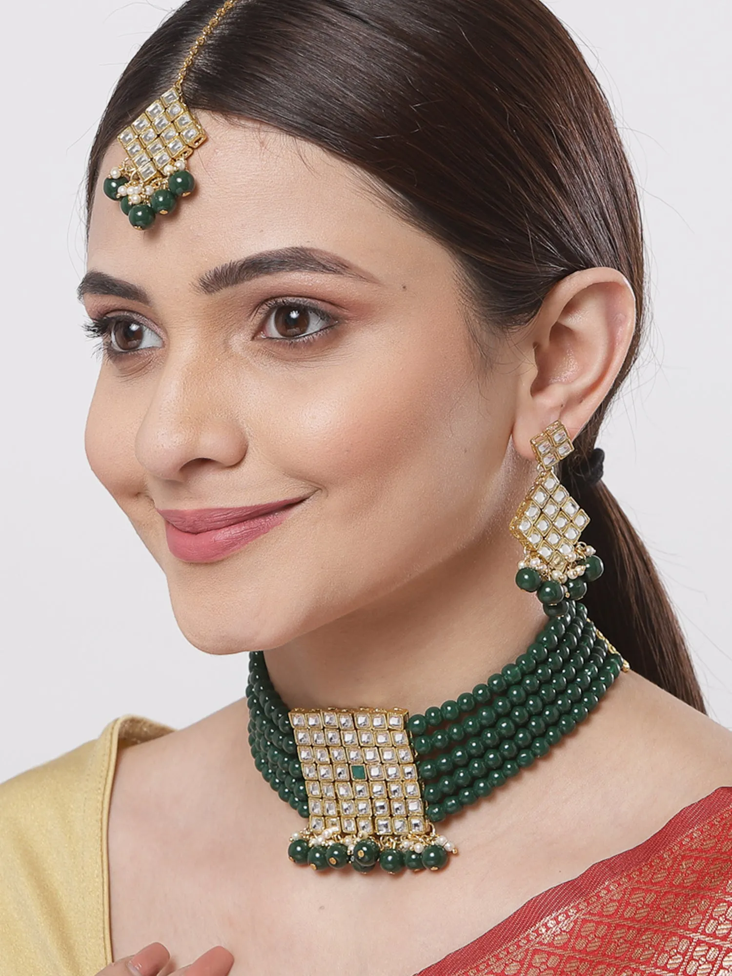 Gold-Plated Embellished Kundan and Green Beads Handcrafted Choker Necklace Set