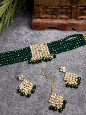 Gold-Plated Embellished Kundan and Green Beads Handcrafted Choker Necklace Set