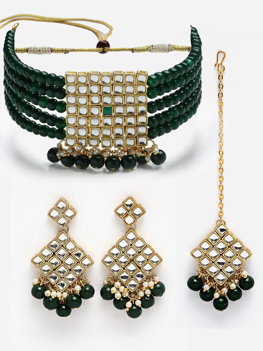 Gold-Plated Embellished Kundan and Green Beads Handcrafted Choker Necklace Set