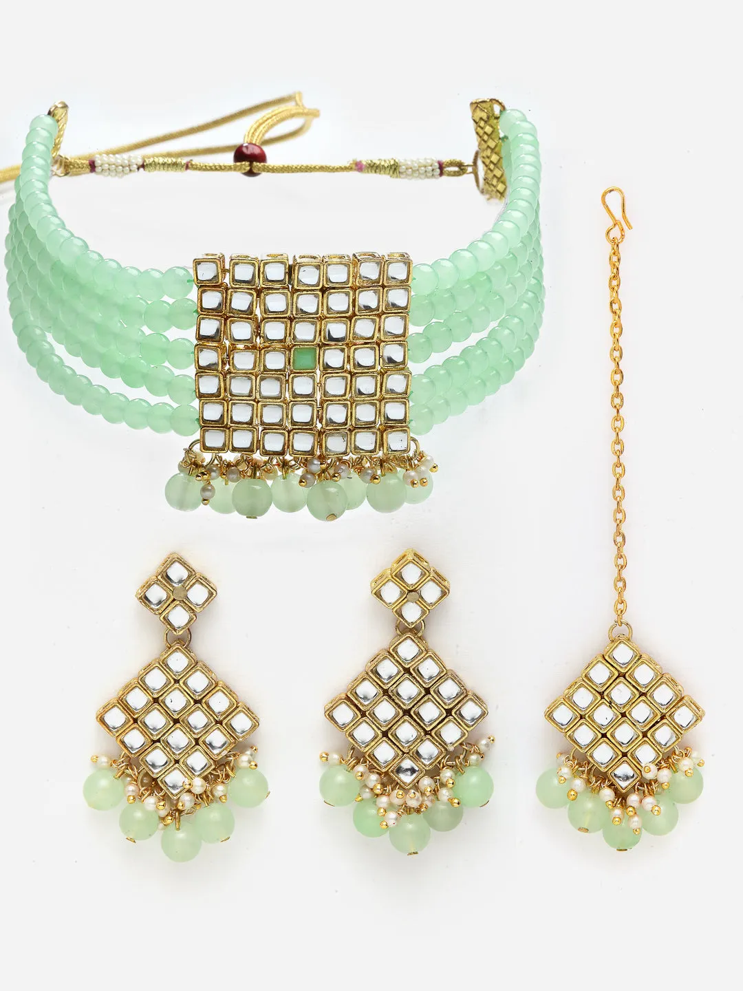 Gold-Plated Embellished Kundan and Mint Green Beads Handcrafted Choker Necklace Set