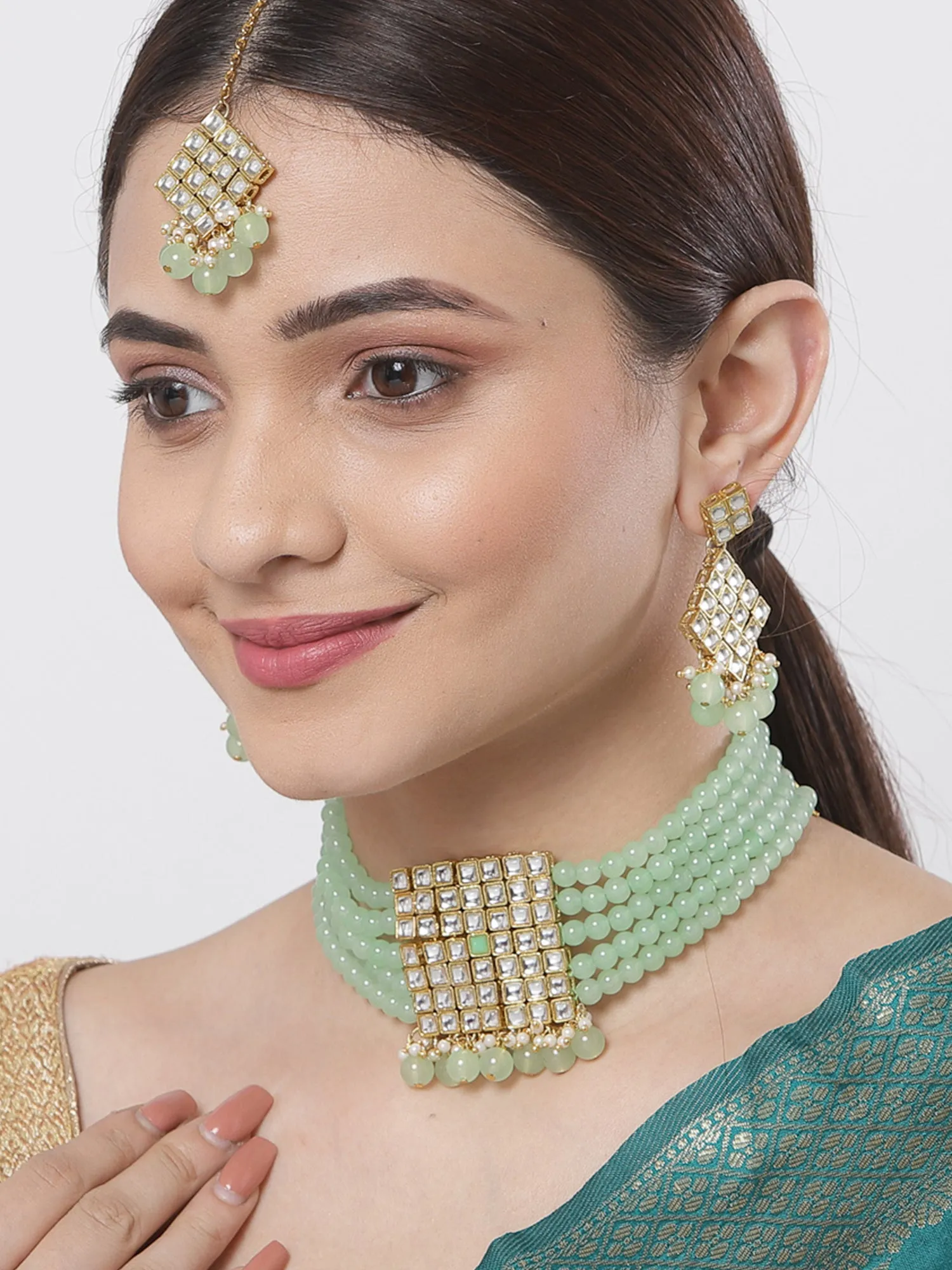 Gold-Plated Embellished Kundan and Mint Green Beads Handcrafted Choker Necklace Set