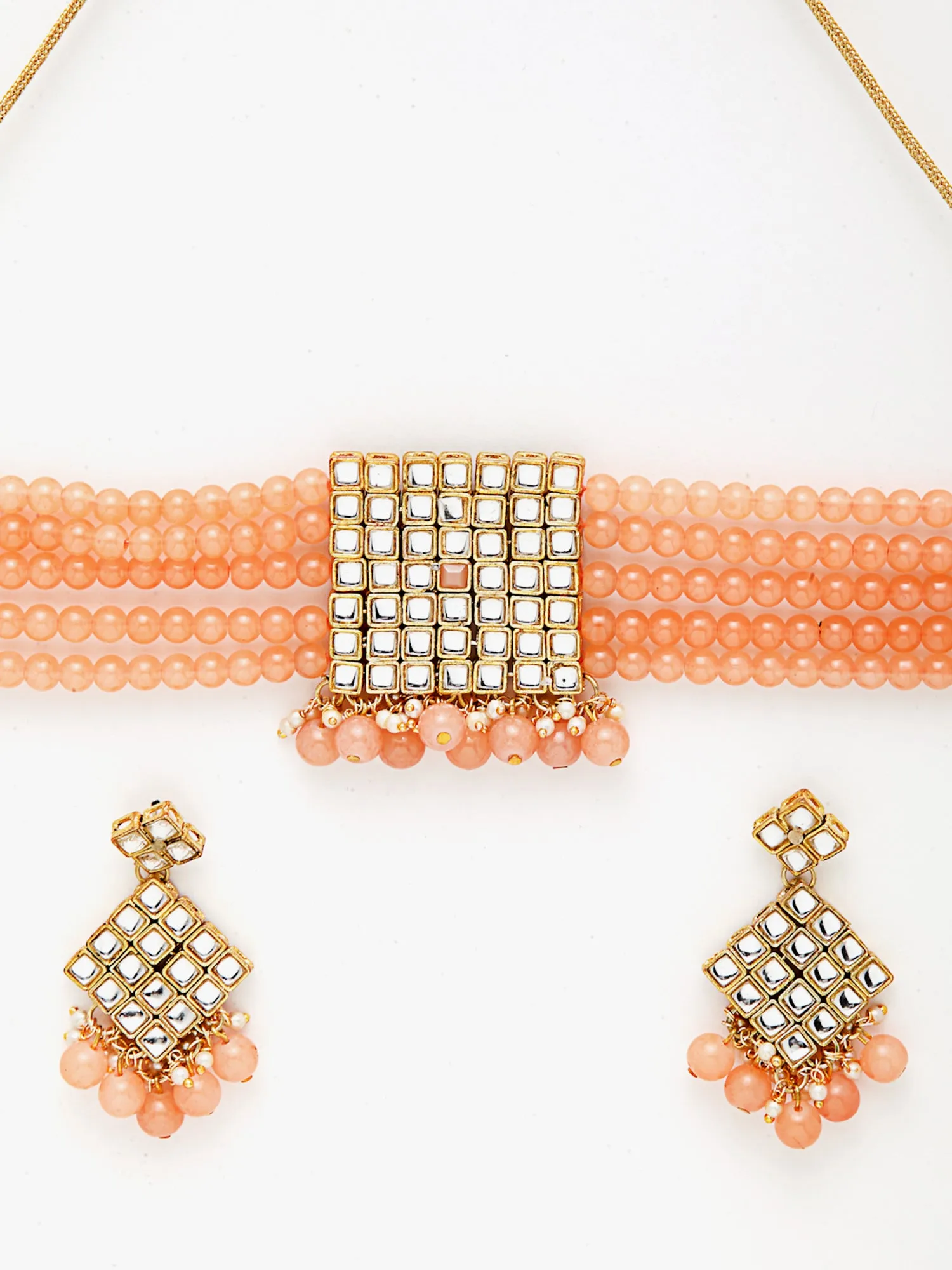 Gold-Plated Embellished Kundan and Peach Beads Handcrafted Choker Necklace Set