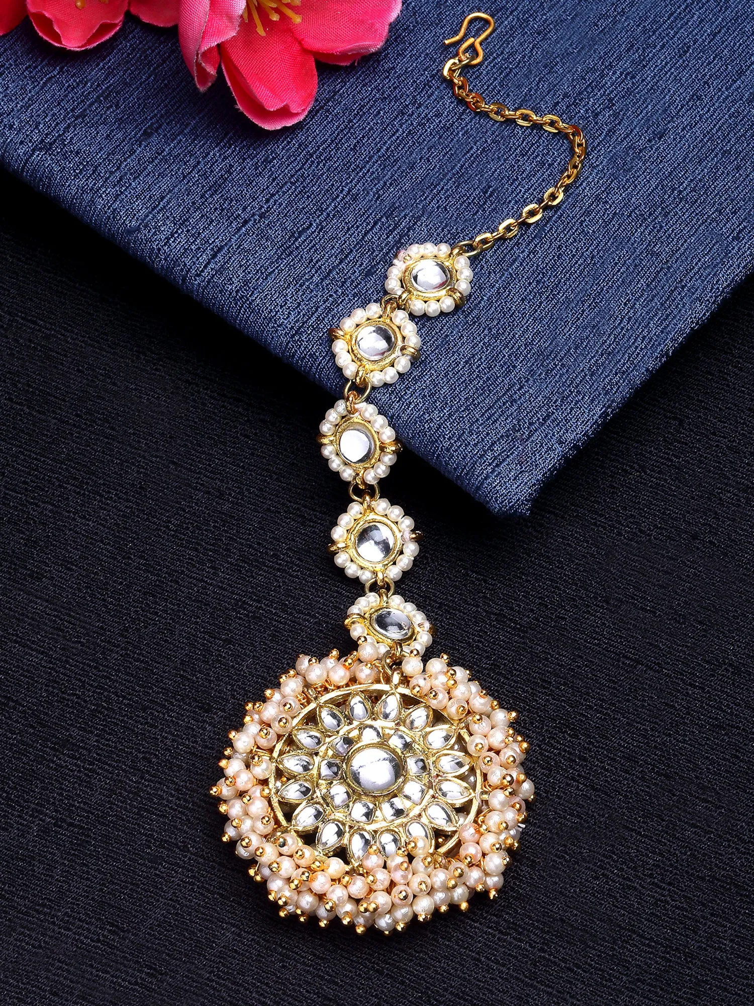 Gold Plated Floral Shaped Kundan Maangtikka