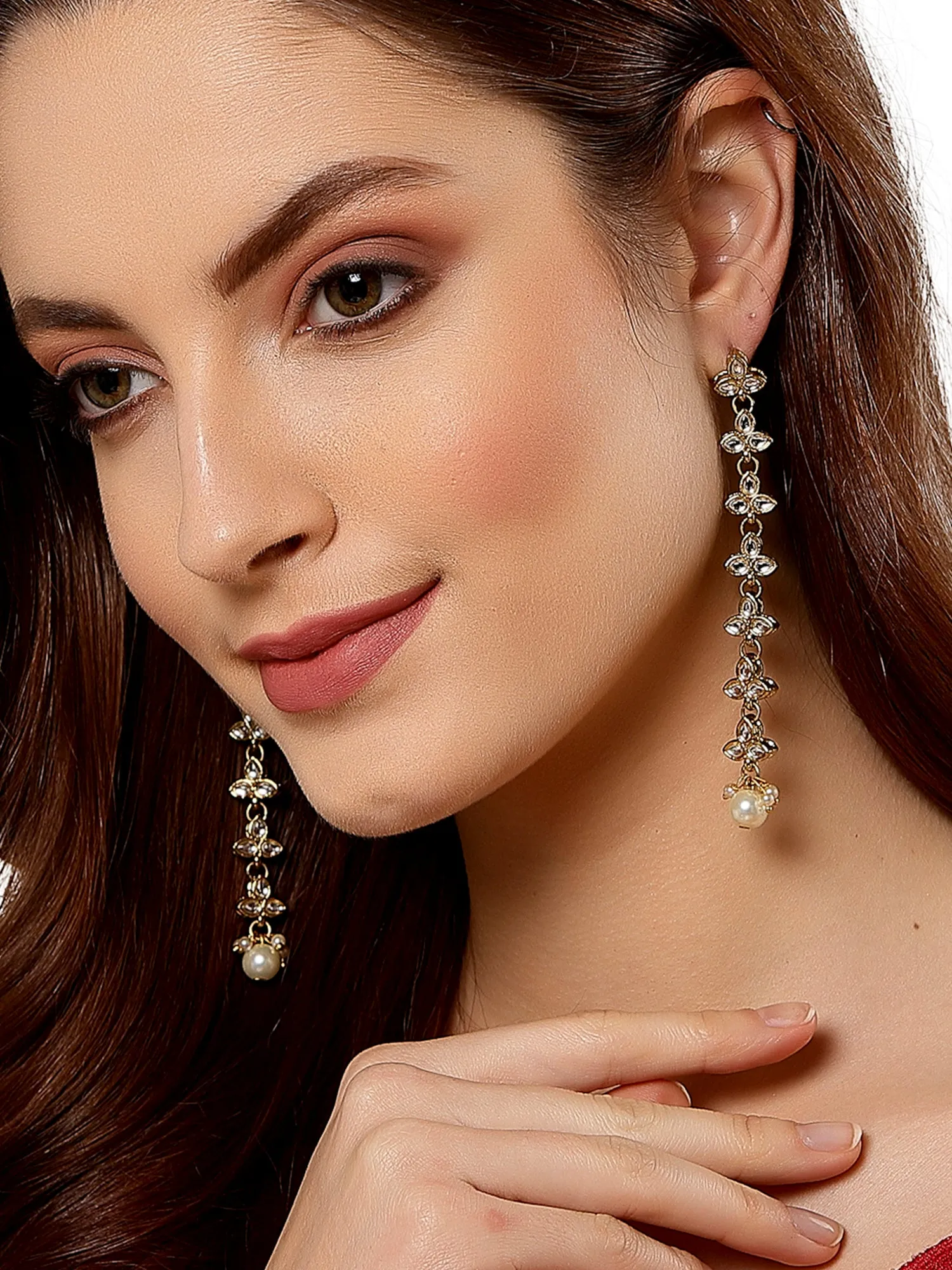 Gold Plated Floral Shaped Kundan Studded Drop Earrings