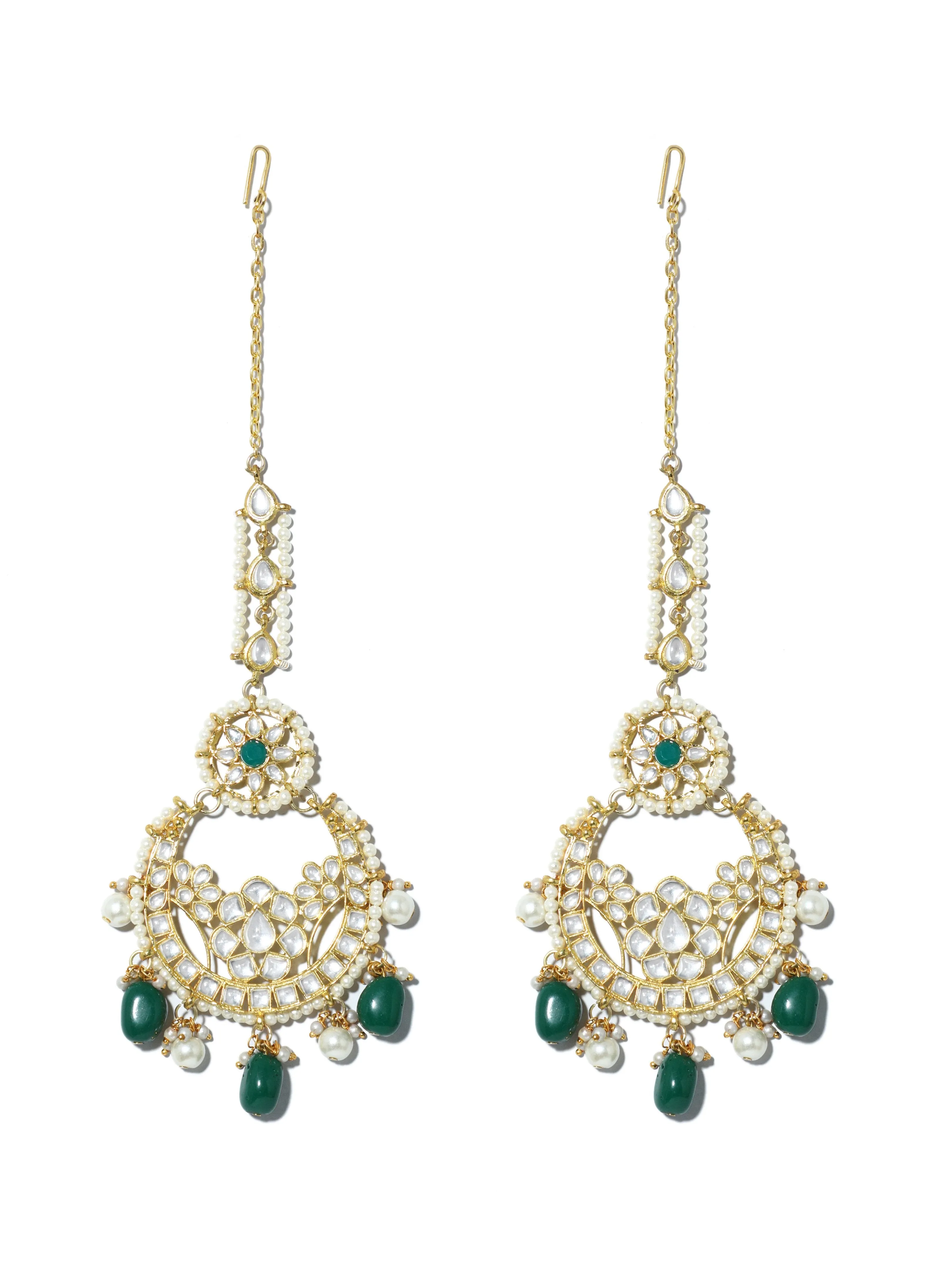 Gold Plated Green and Pearl Beads Kundan Chandbali Earrings