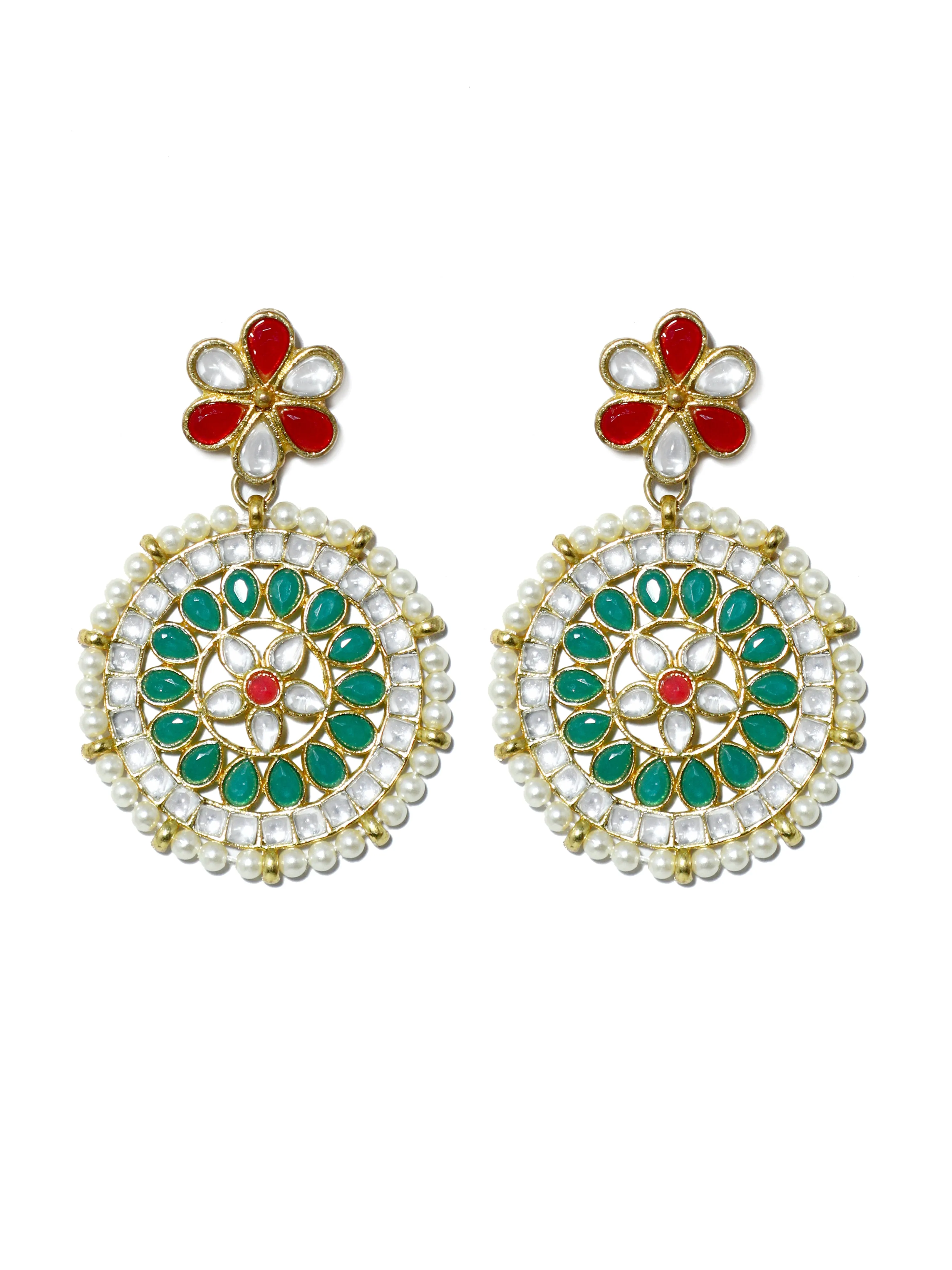 Gold Plated Green and Pearl Beads Kundan Dangler Earrings