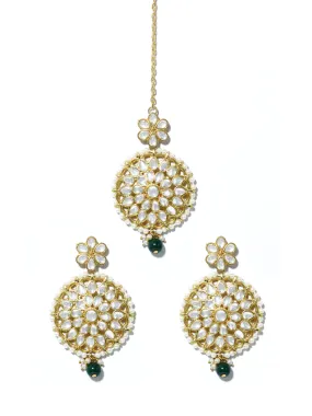 Gold Plated Green Bead Kundan Dangler Earrings with Maangtikka