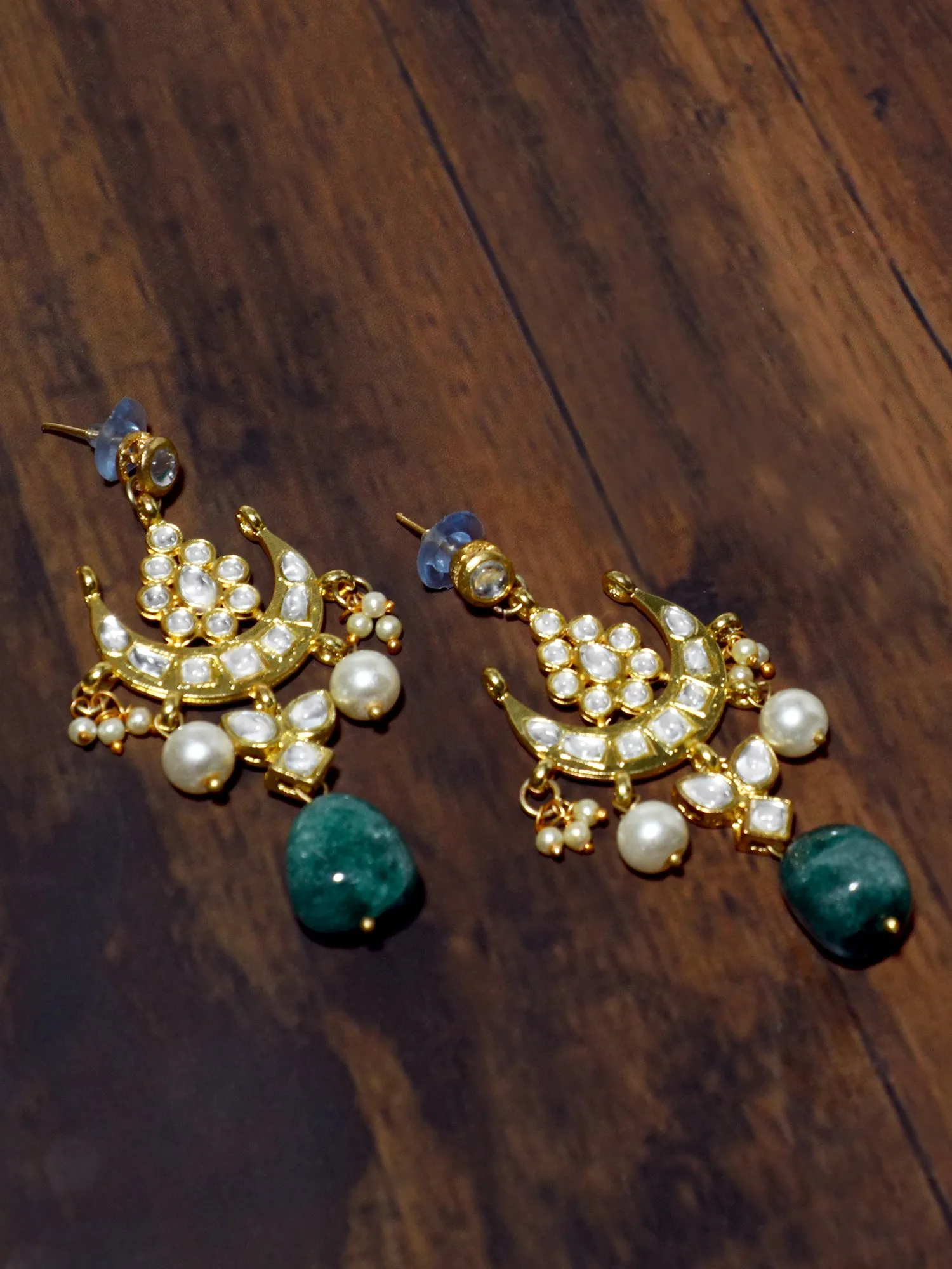 Gold Plated Green Bead Kundan Dangler Earrings