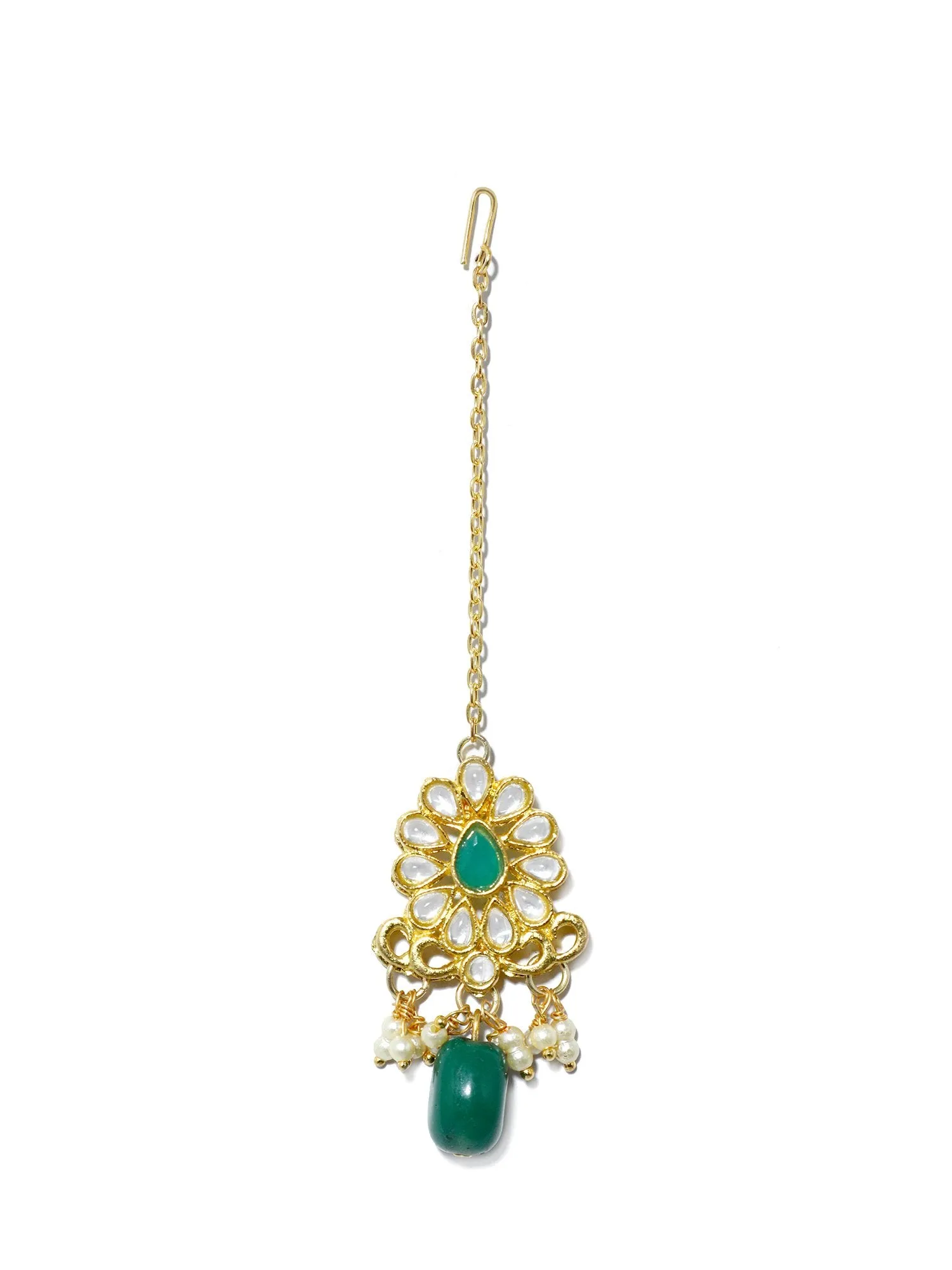 Gold Plated Green Bead Kundan Maangtikka