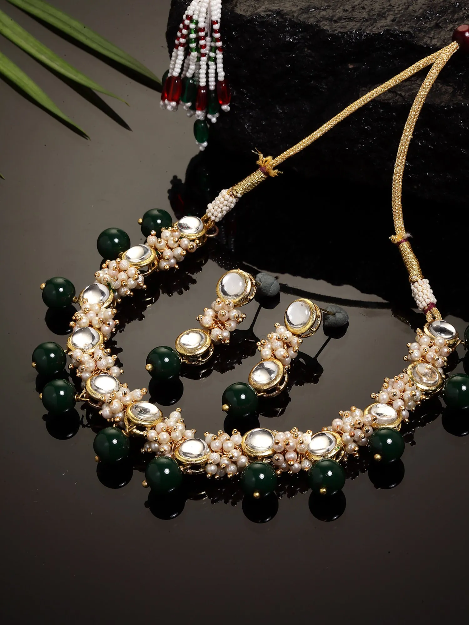 Gold-Plated Green Beads and Pearl Ball Studded Handcrafted Kundan Necklace Set