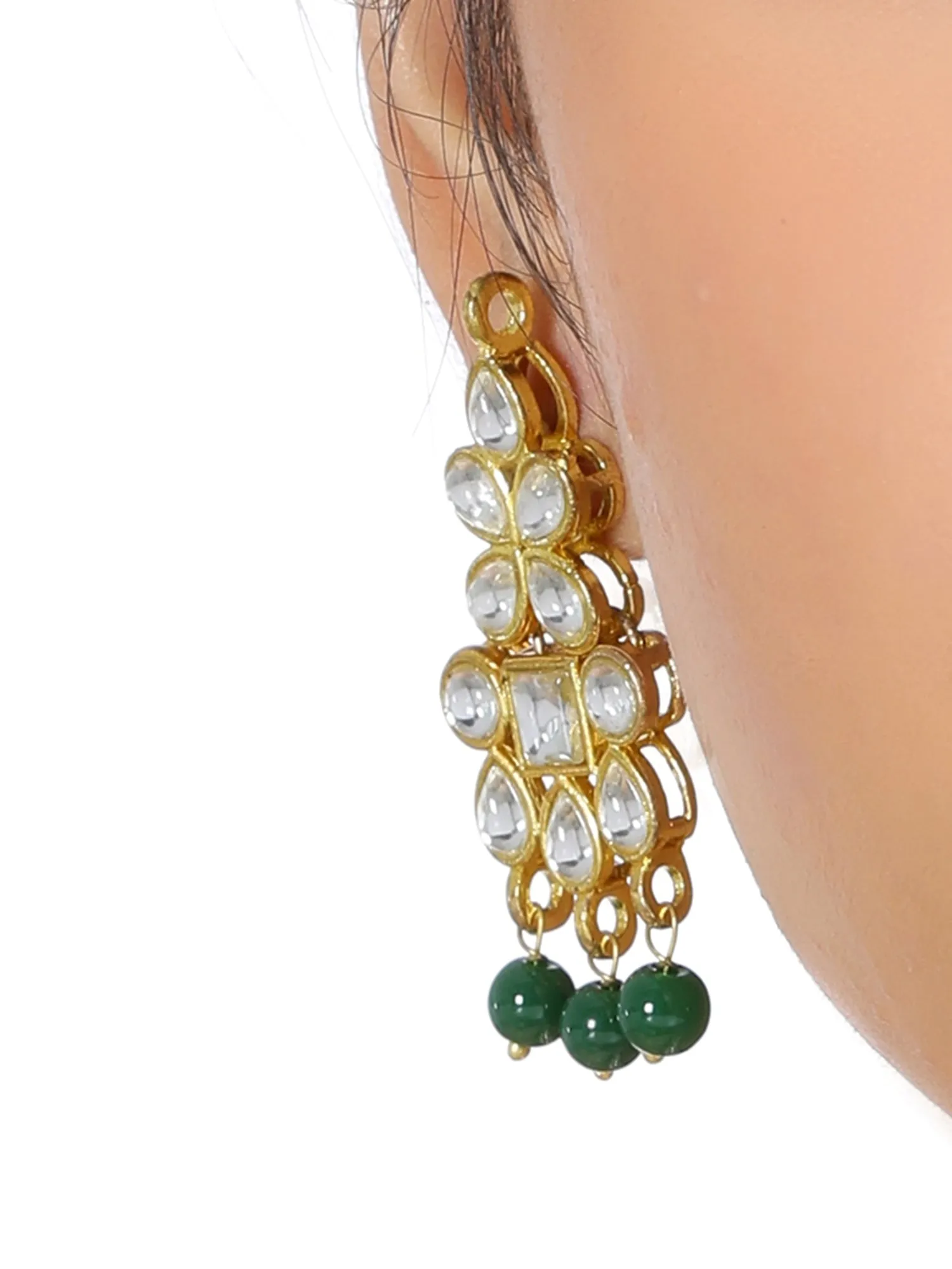 Gold Plated Green Beads Kundan Dangler Earrings for Women