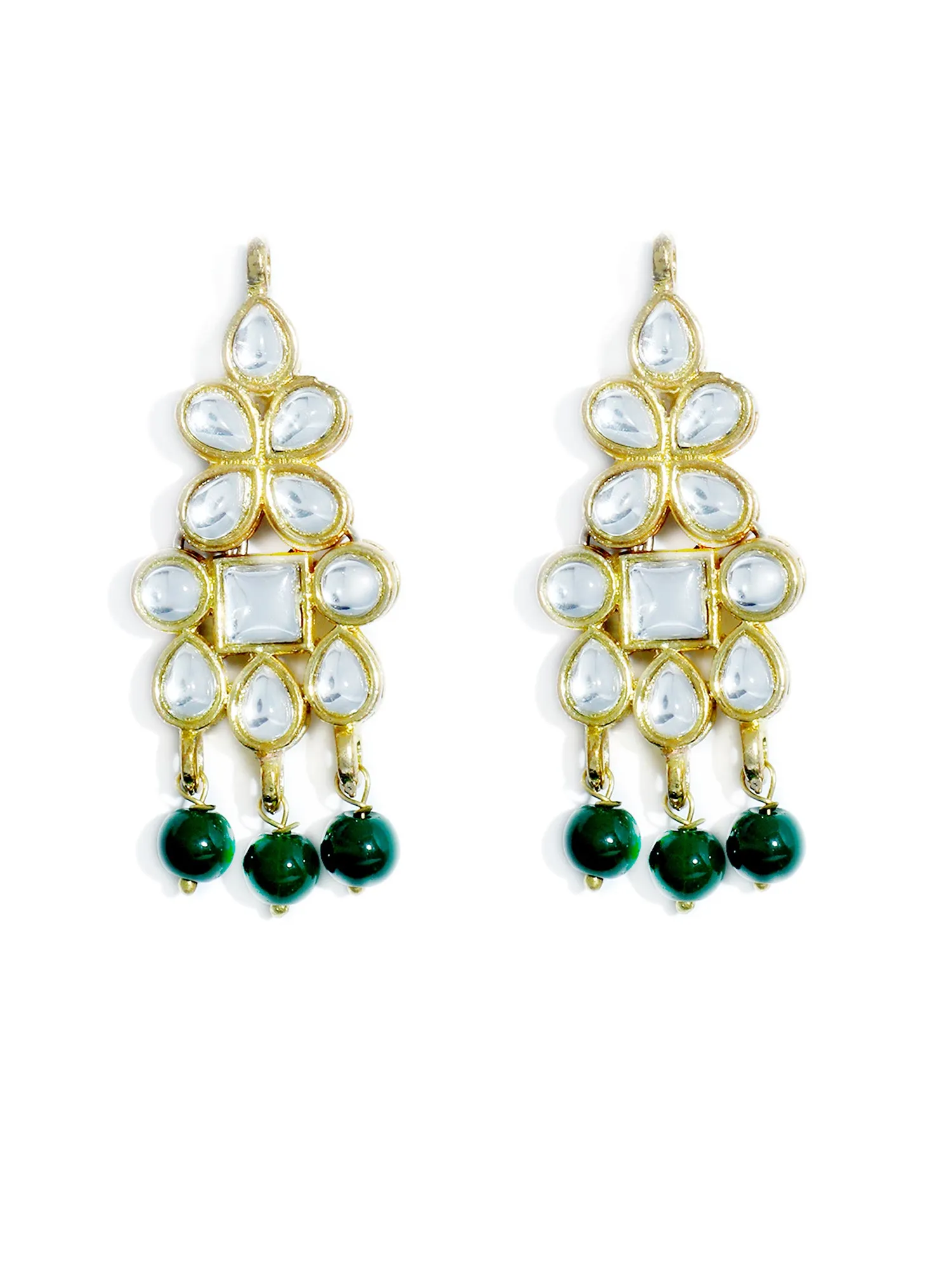 Gold Plated Green Beads Kundan Dangler Earrings for Women