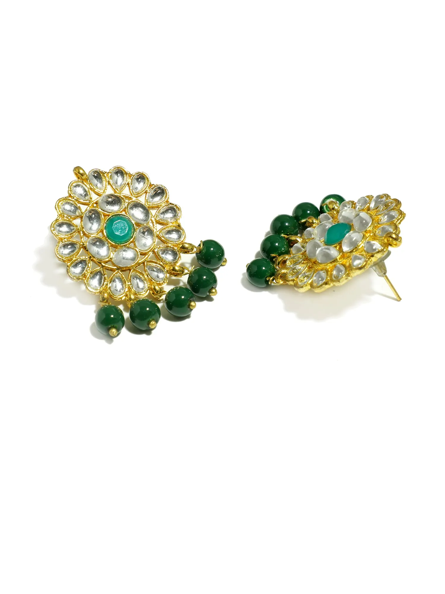 Gold Plated Green Beads Kundan Dangler Earrings with Maangtikka for Women