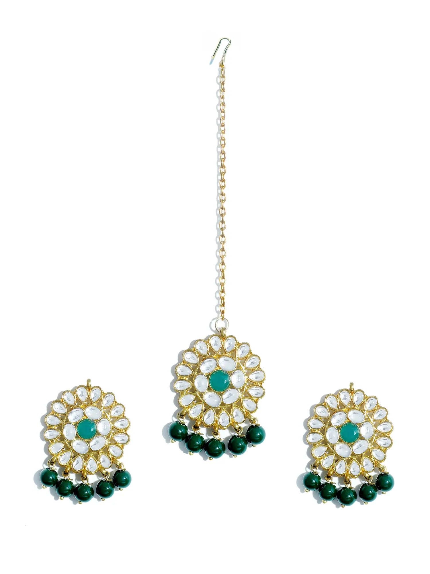 Gold Plated Green Beads Kundan Dangler Earrings with Maangtikka for Women