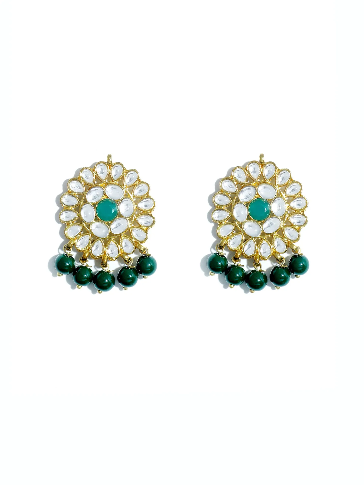 Gold Plated Green Beads Kundan Dangler Earrings with Maangtikka for Women