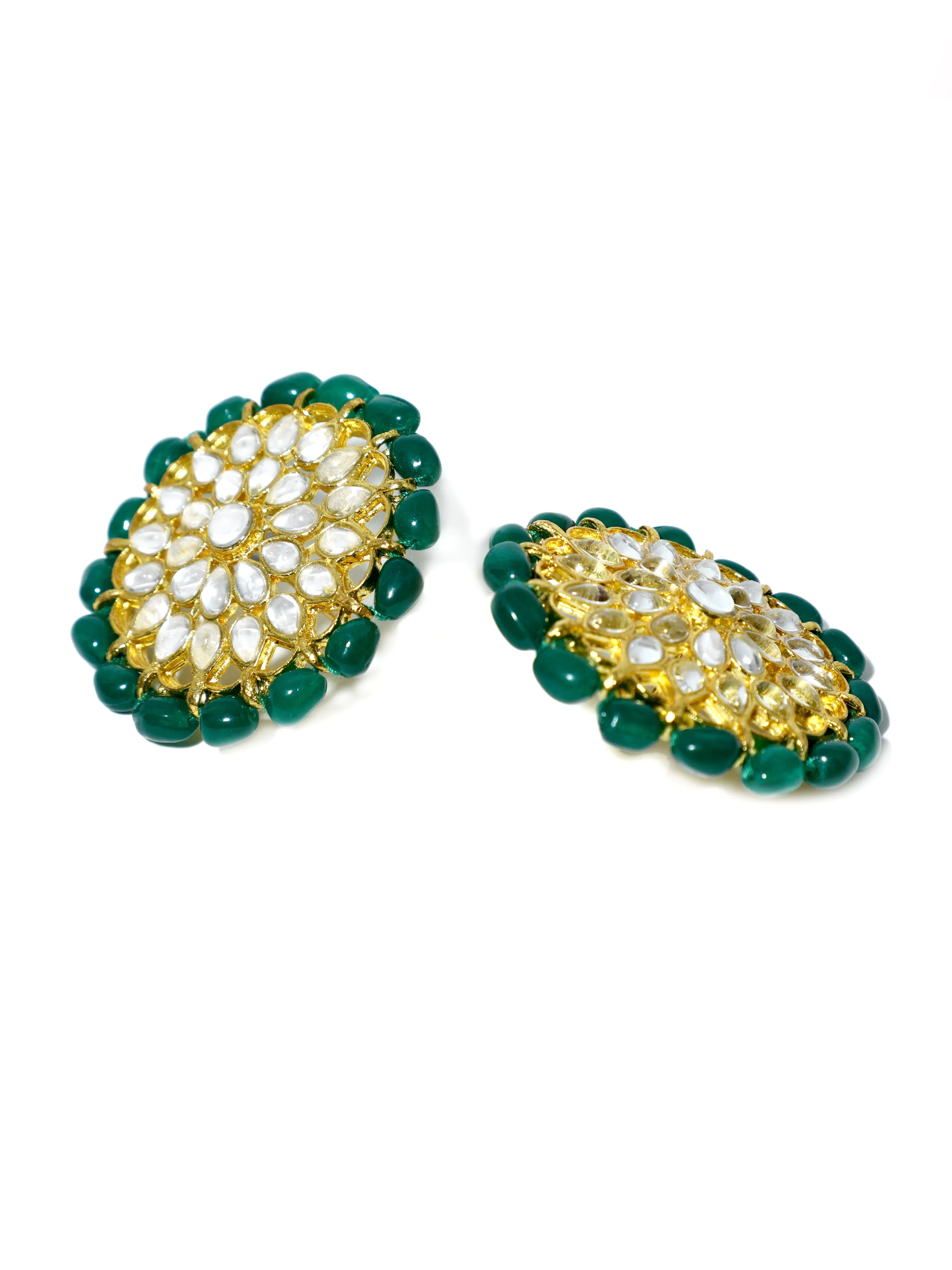 Gold Plated Green Beads Kundan Stud Earrings