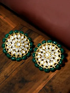 Gold Plated Green Beads Kundan Stud Earrings