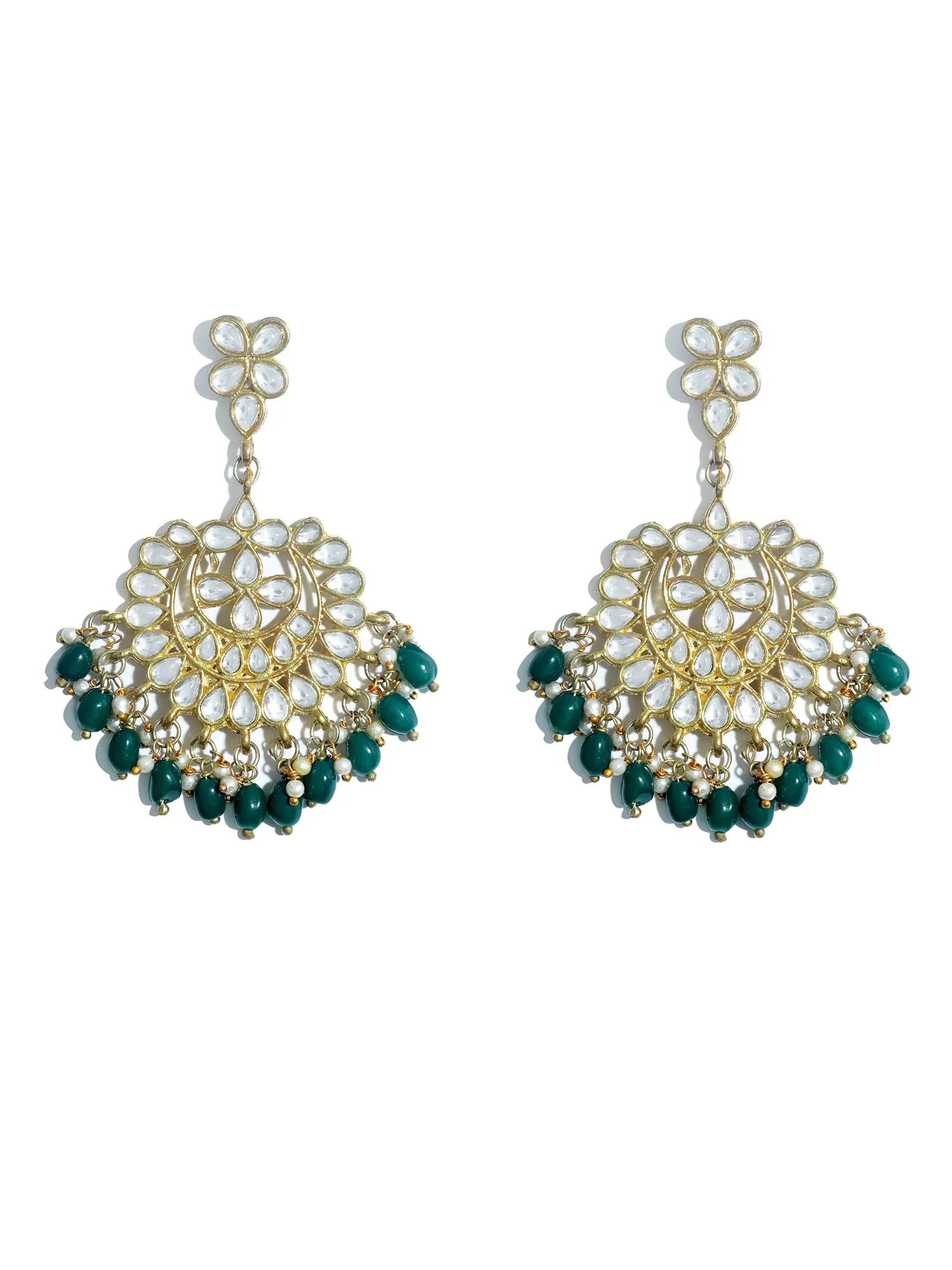 Gold Plated Green Drops Kundan Chandbali Earrings with Maangtikka for Women