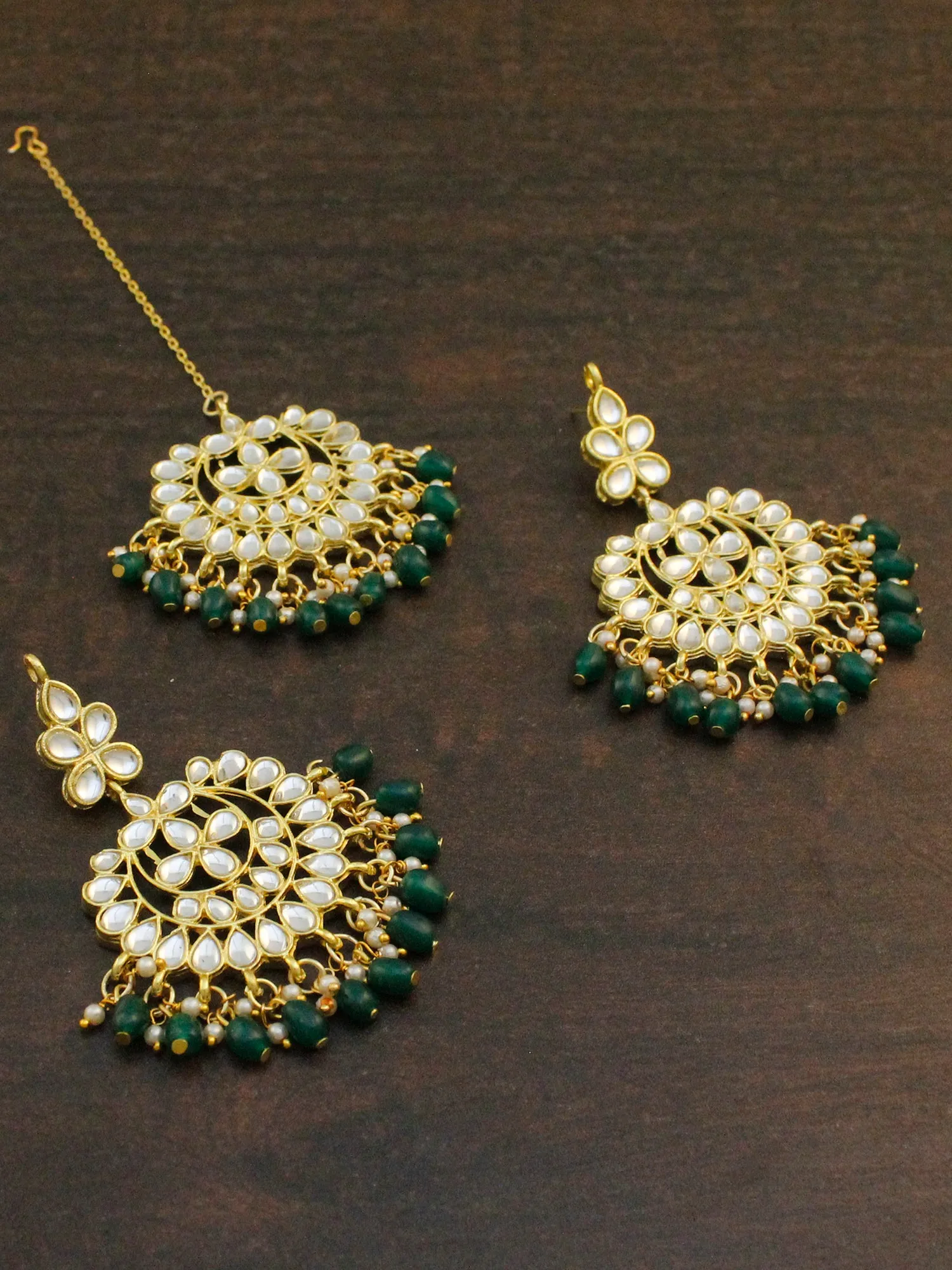 Gold Plated Green Drops Kundan Chandbali Earrings with Maangtikka for Women