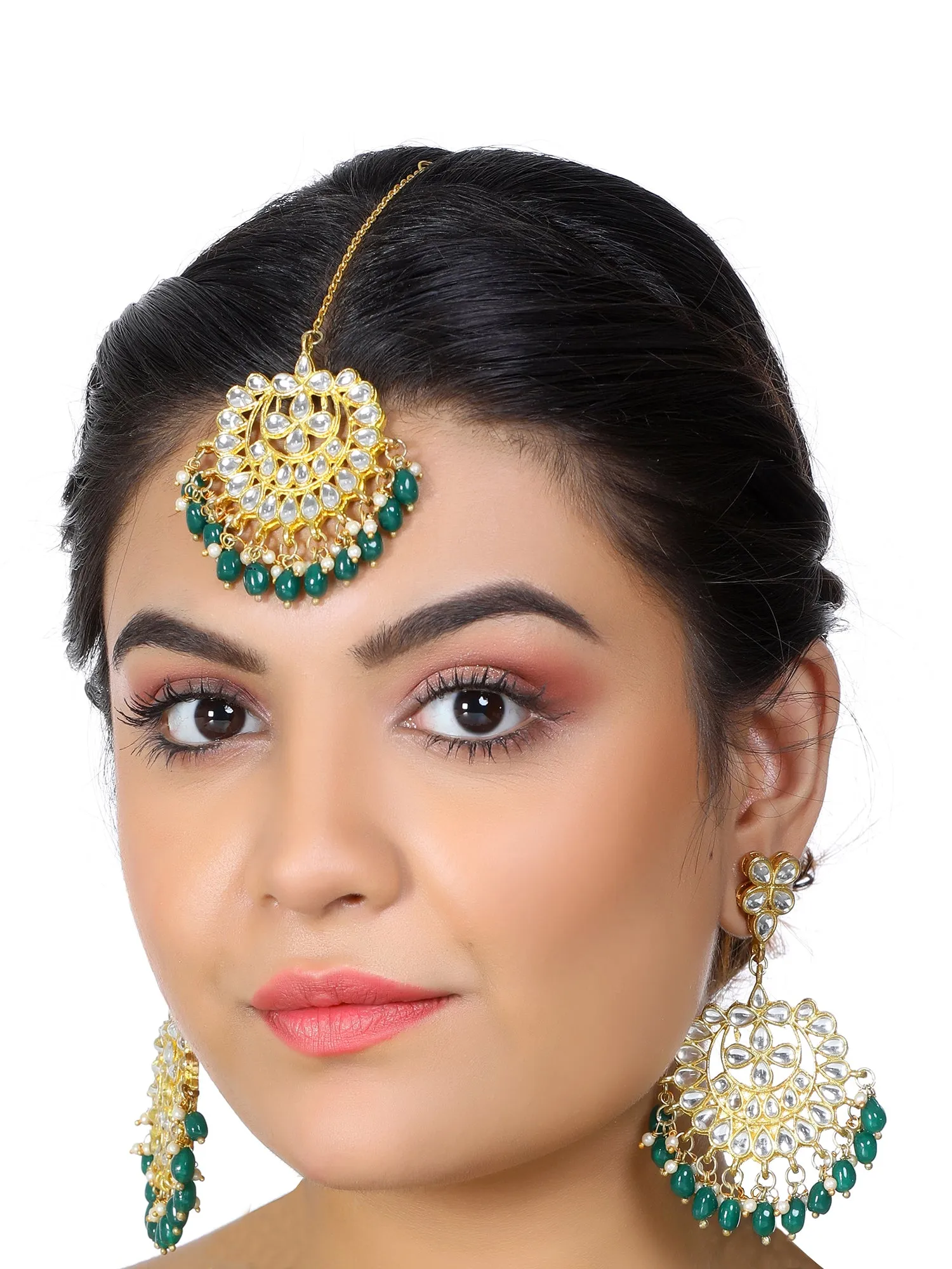 Gold Plated Green Drops Kundan Chandbali Earrings with Maangtikka for Women