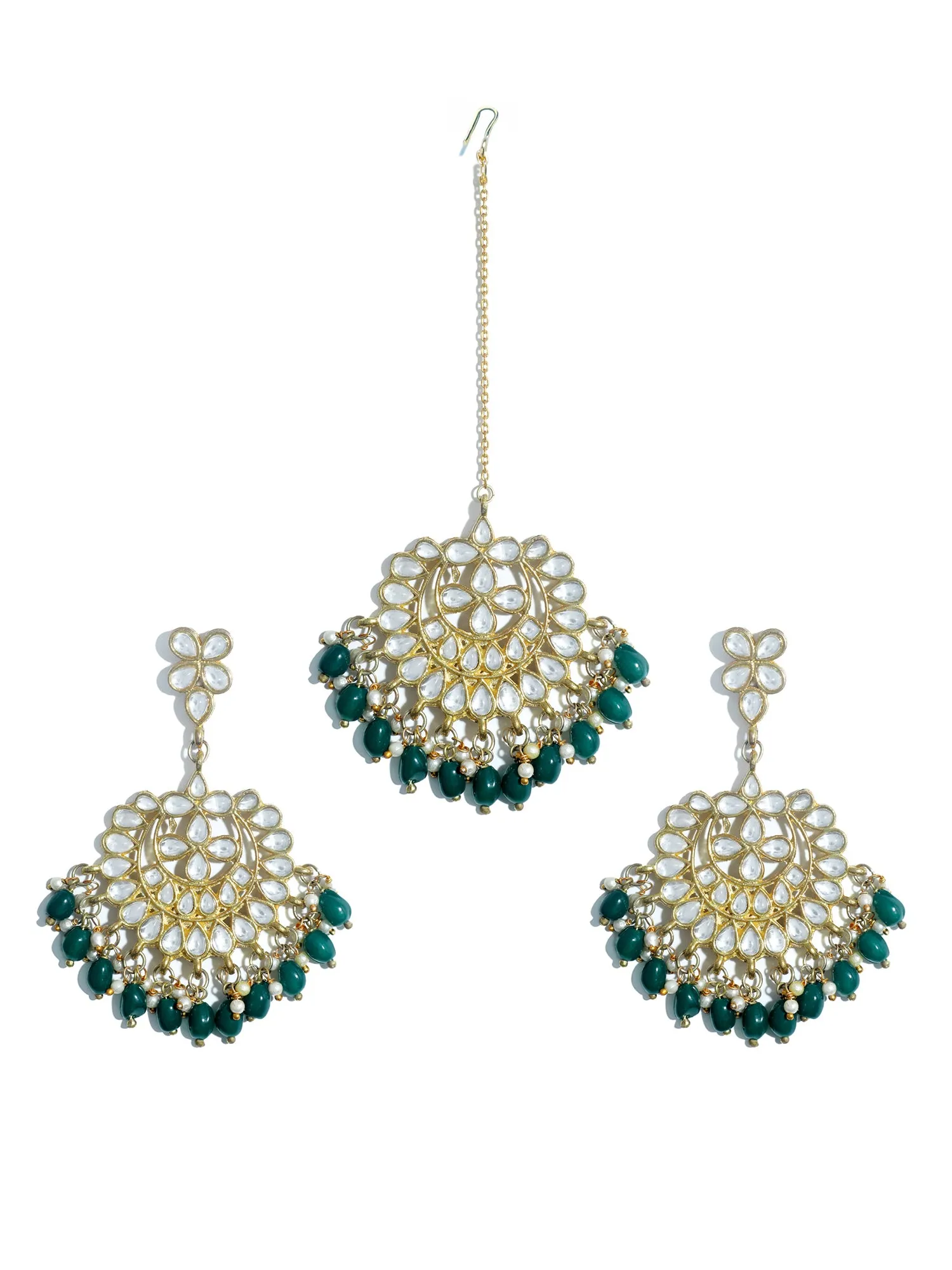 Gold Plated Green Drops Kundan Chandbali Earrings with Maangtikka for Women