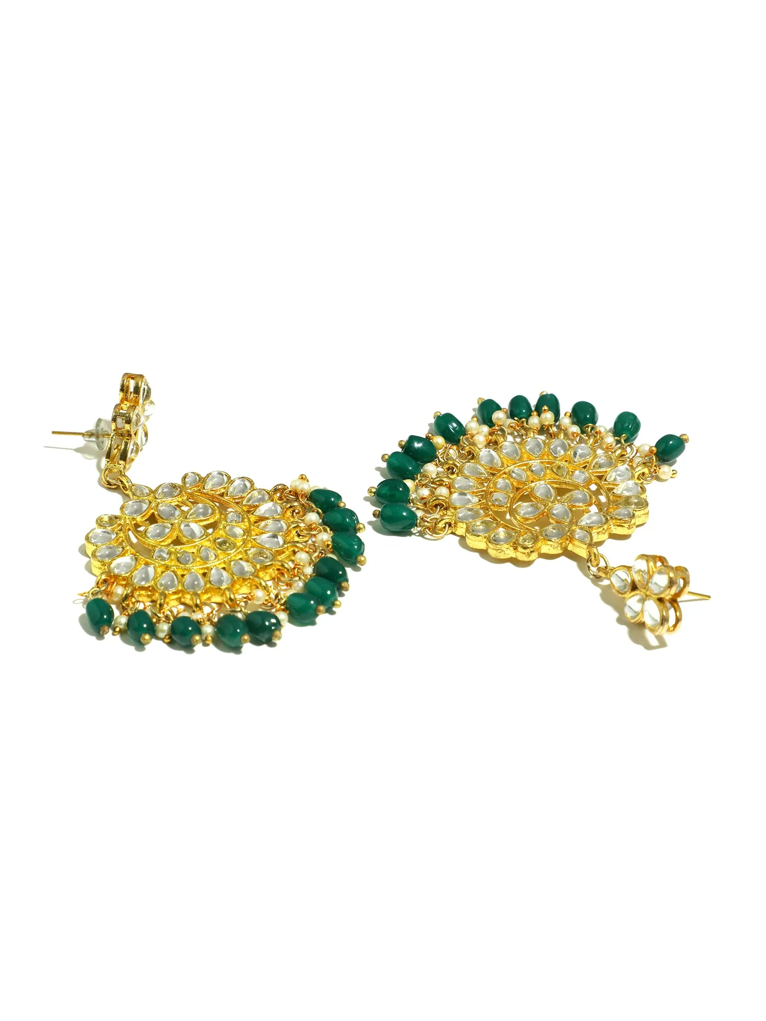 Gold Plated Green Drops Kundan Chandbali Earrings with Maangtikka for Women