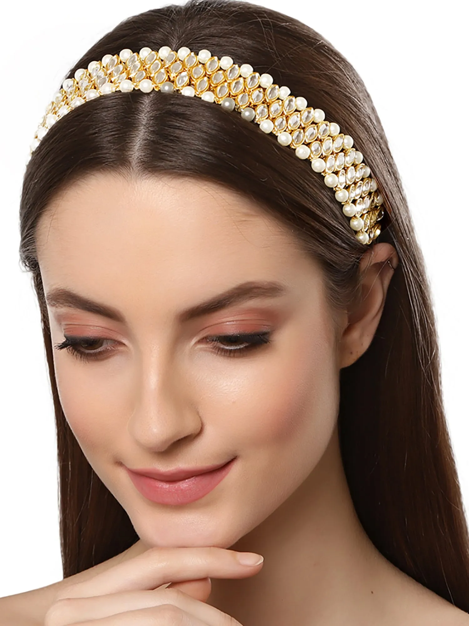 Gold Plated Kundan and Pearl Studded Handcrafted Hairband